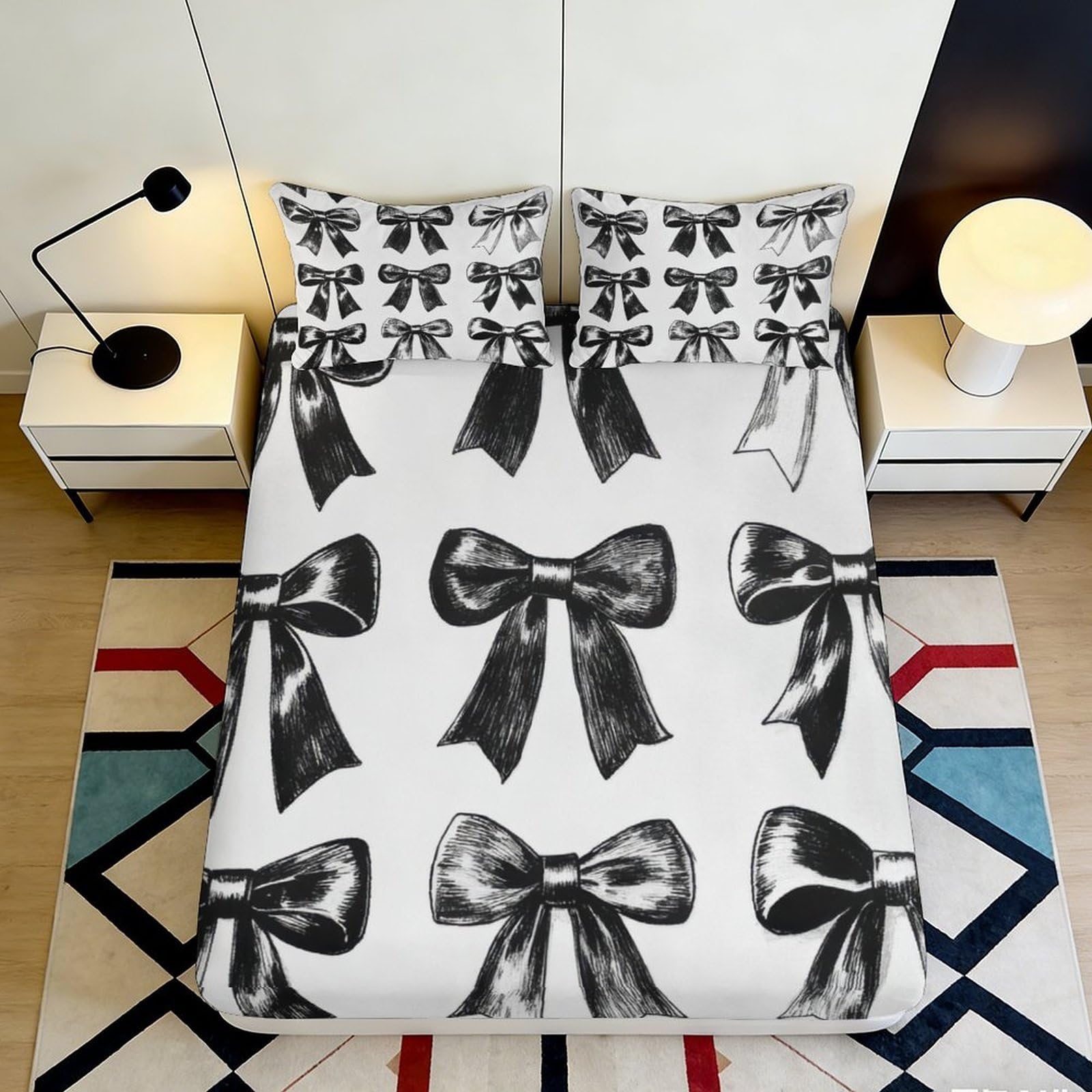 Pnayamiorkfel Style-6 3D Printed Black Bow Fitted Sheet Microfiber Soft Bedroom Decor Artistic Ribbon Bed Cover For Home Guest Room 90X200x25cm