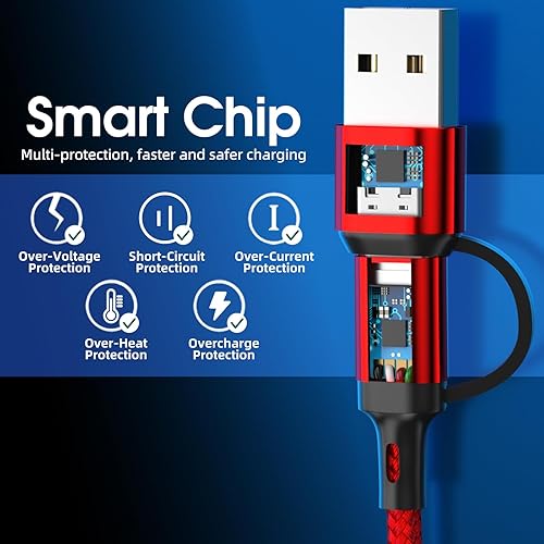 Miniatura 5 de Cable de carga múltiple 6 en 1 3 unidades de 4 pies Cable de carga múltiple de nailon trenzado múltiple cable de carga rápida USB AC a teléfono USB