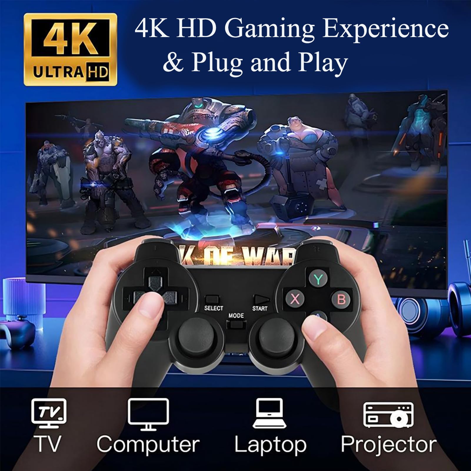 Whatsko Retro Konsole Spielkonsole Game Stick 4K, Retrolink 20000+ Spiele mit 2 Wireless Controllers Gamepad-64G, Plug and Play Video Game Console für TV HDMI, Geschenke für Kinder Erwachsene