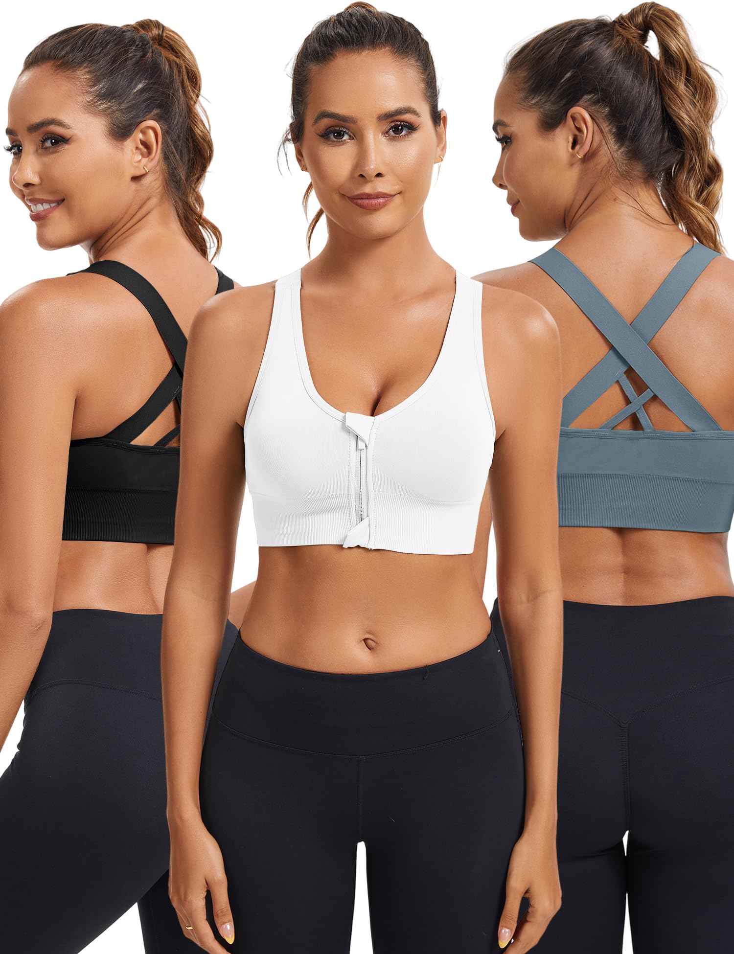 Sujetador Deportivo Mujer Alto Impacto sin Aros Cremallera Push Up con Almohadillas Extraíbles para Yoga Running Fitness S-XL