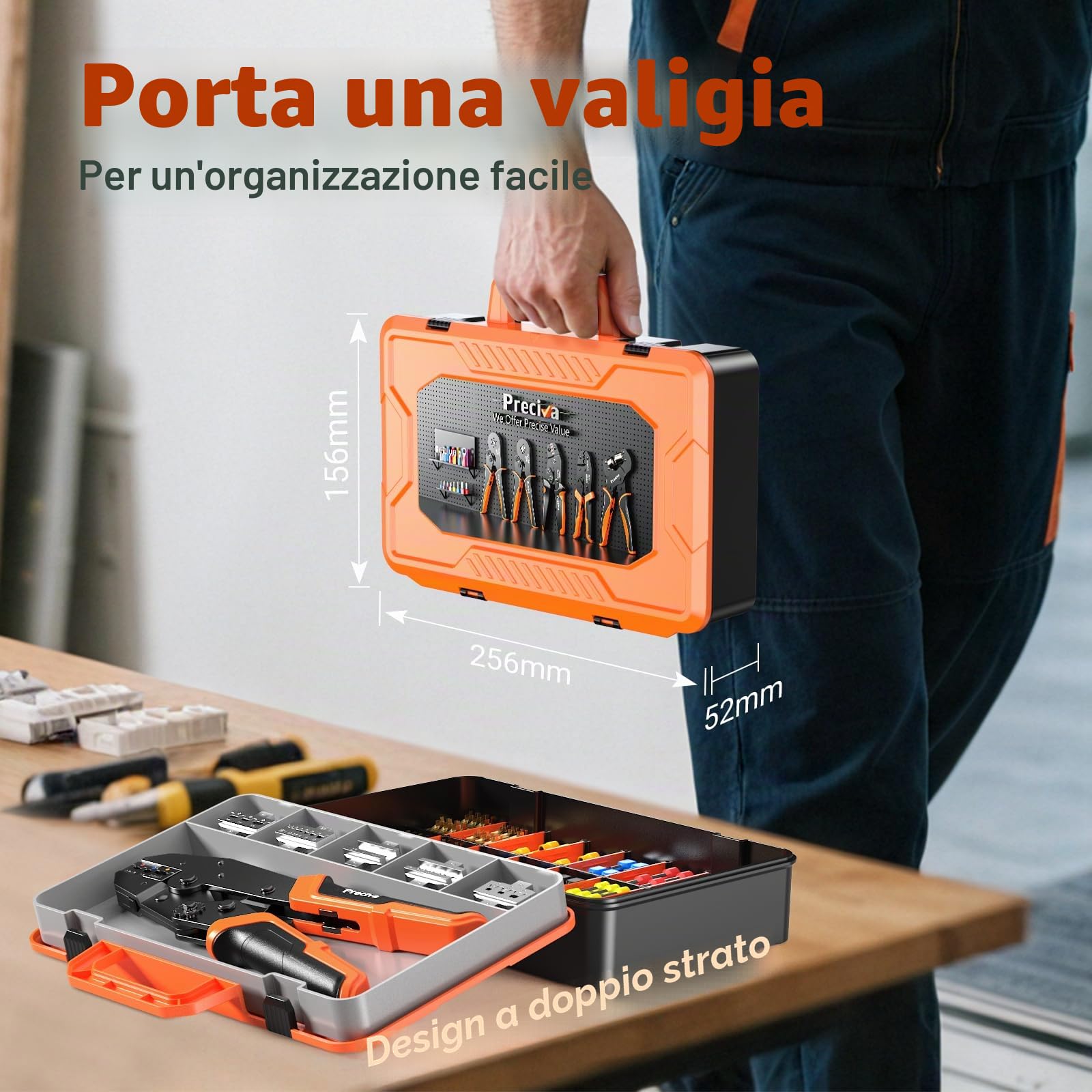 Set di pinze a crimpare con scatola, Preciva 0,25-10 mm², set di strumenti per la crimpatura del filo termorestringente, 395 terminali a ghiera con 6 teste per un cambio rapido