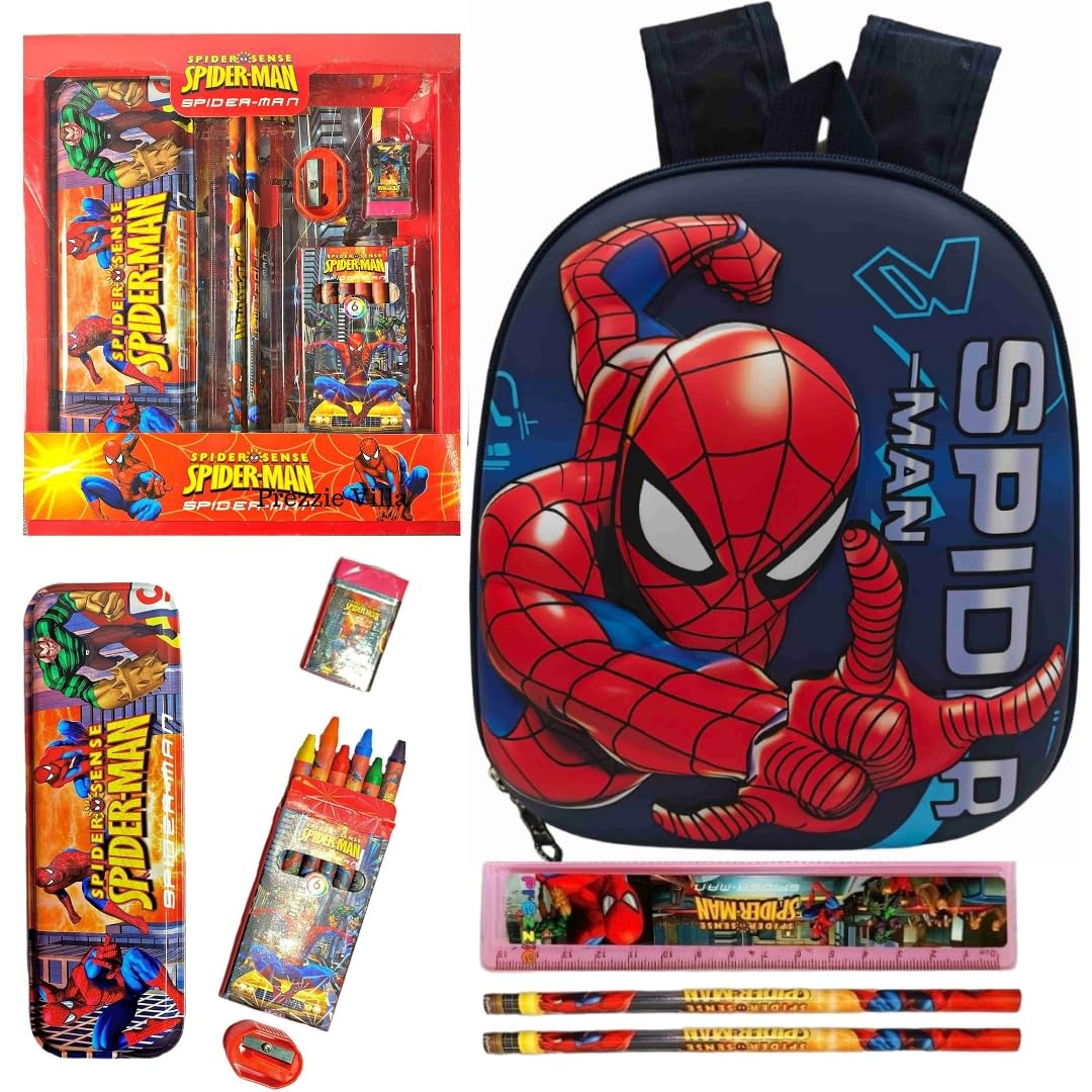 Prezzie Villa 8 pcs Spider-Man Hardshell Backpack Set for Boys, Superheroes School Supplies Kit with Avengers Pencil Pouch, Eraser, Sharpener, Ruler, Pens, Crayons for Birthday Return Gift (B0D7CKZ678) Amazon Price History, Amazon Price Tracker