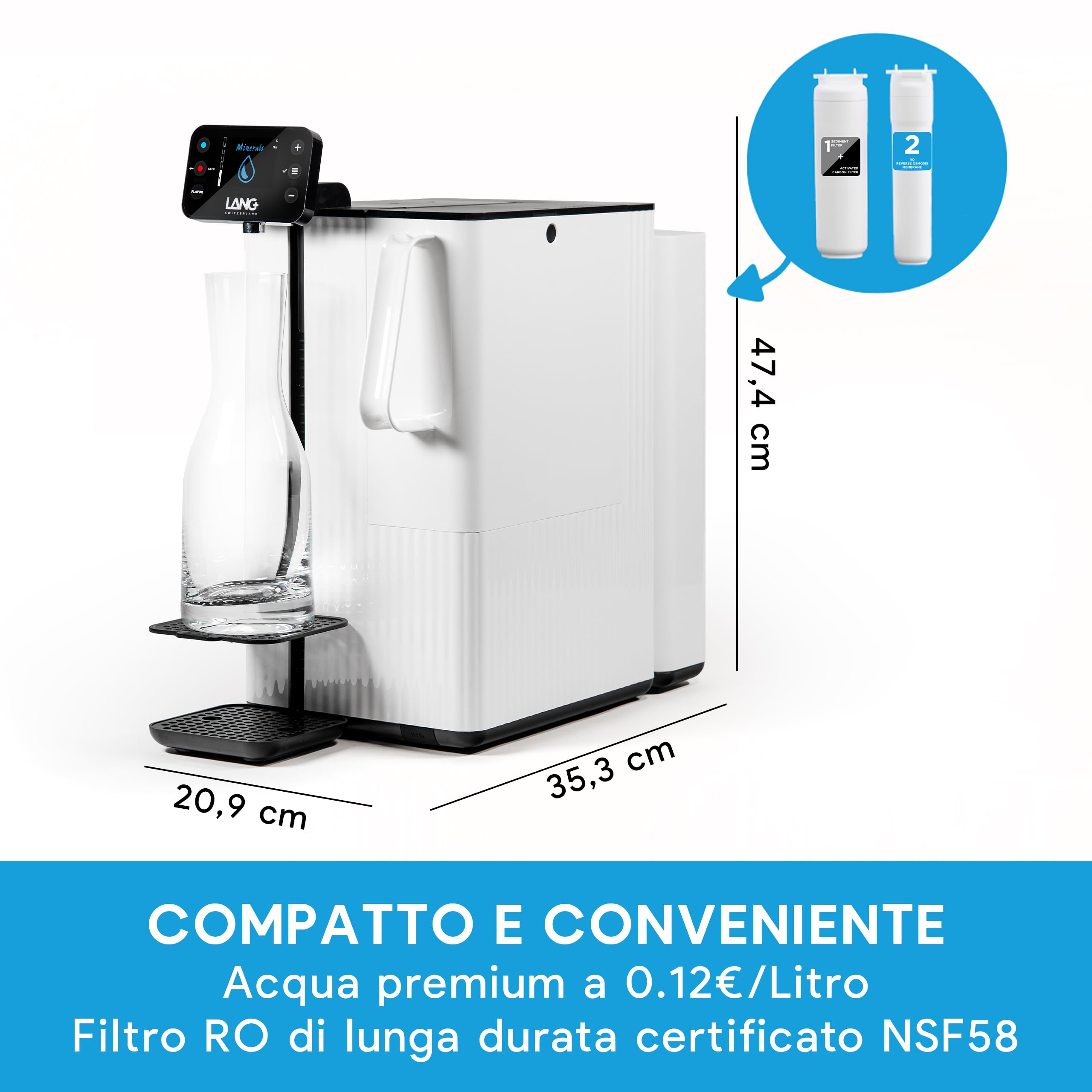 LANGWATER - Depuratore Acqua Domestico Portatile - Osmosi Inversa e Mineralizzazione - Senza Installazione - Erogatore di Acqua Calda - Senza Microplastiche - Da Banco - Minerali non Inclus