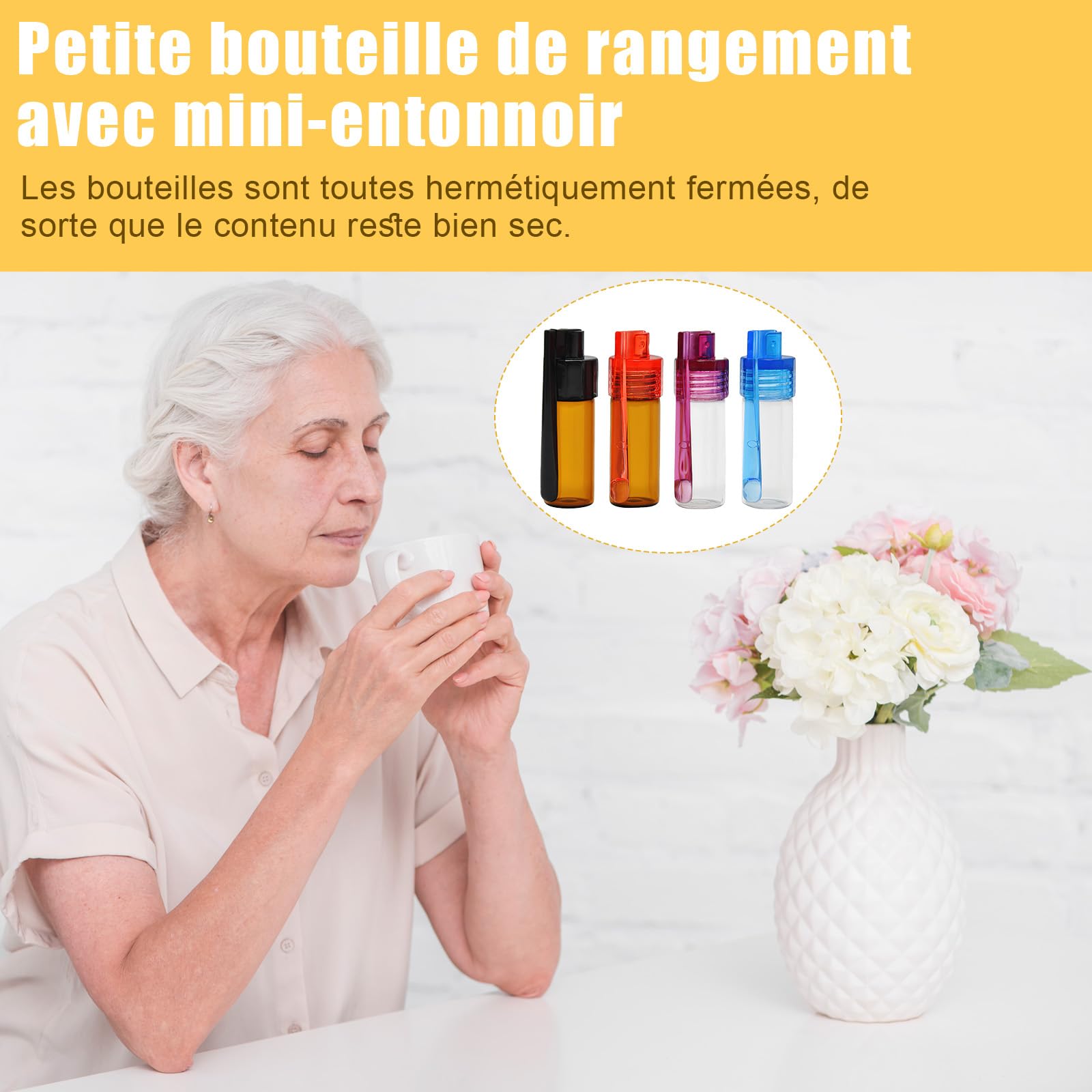 10 Pièces Flacon de Poudre à épices avec Cuillère et 2 Entonnoirs Argentés, 51mm Flacon Distributeur de Poudre, Petit Pot à Epices en Verre Adapté Au Camping et Aux Voyages (Couleur Aléaoire)