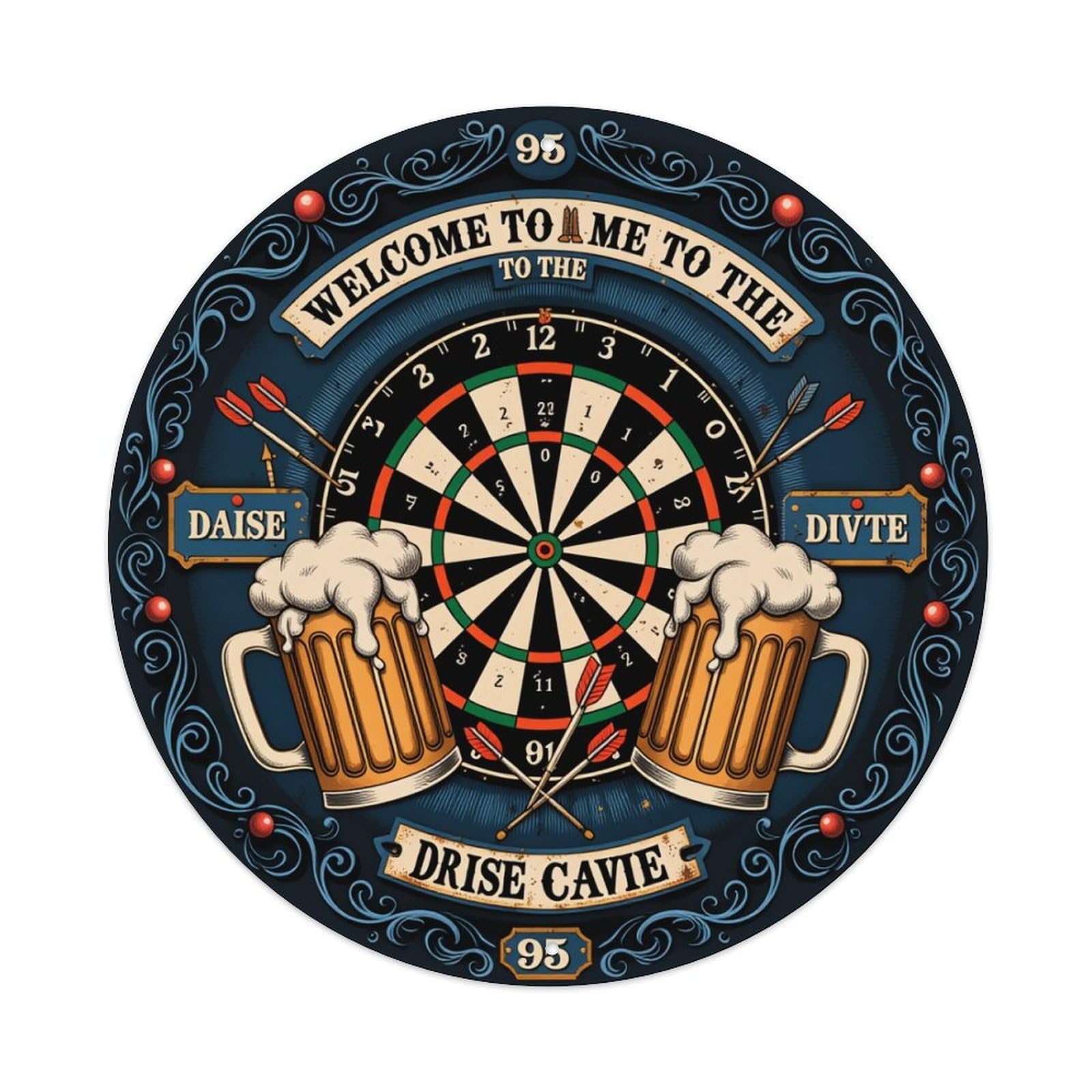 Dart Board With Beer Mugs And Darts Round Tin Sign Retro Metal Sign for Cafe Bar Pub Home Game Room Gym Club Wall Decoration Vintage Metal Poster 8x8 Inch