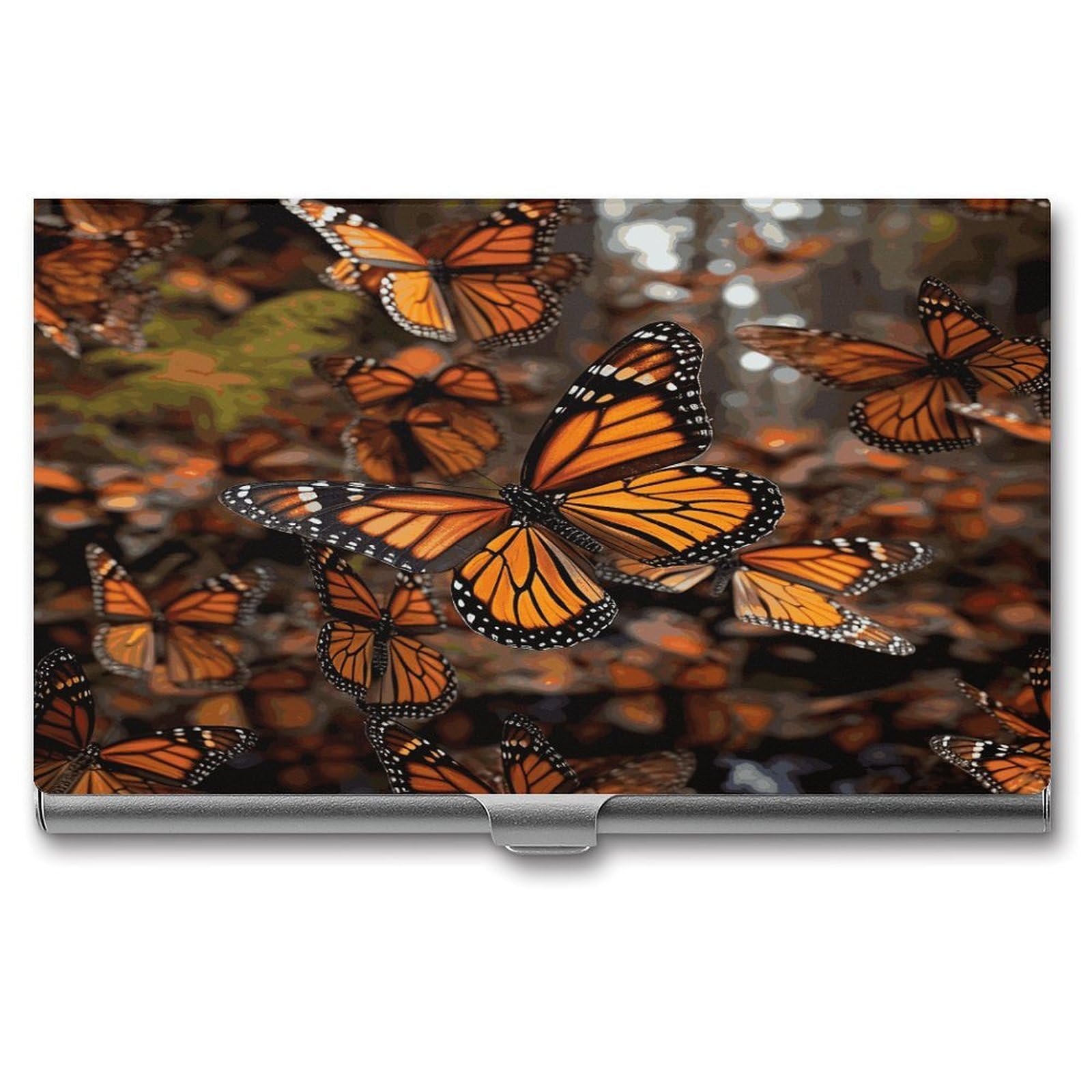 JTREHY Monarch Butterflies Business Card Holder Slim Purse Name Card Holder Portable Metal Business Card Case Wallet Large Capacity Lightweight Business Card Case for Men Women