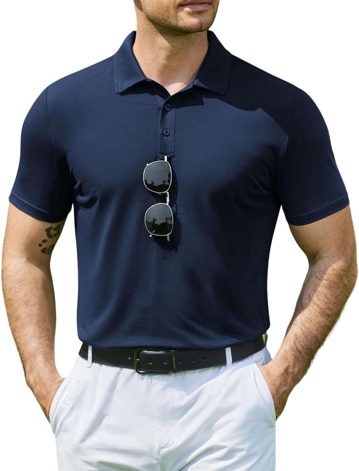 COOFANDY Men's Polo Shirt Golf Quick Dry Cotton Polos Short Sleeve Tees Athletic Tactical Collared Summer T-Shirt Navy Blue