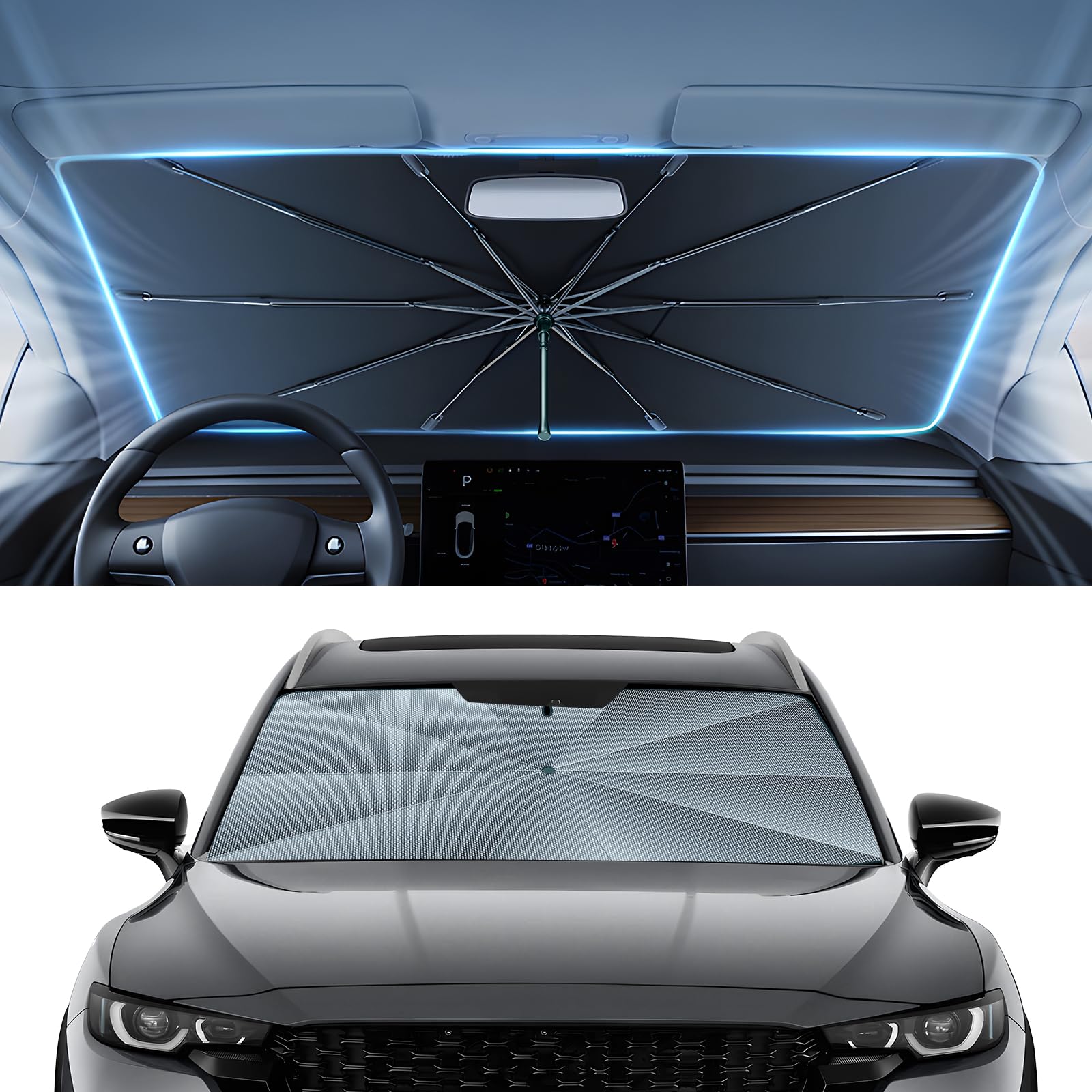 Autorder Windshield Sun Shade Umbrella for 2023-2026 Mazda CX-50 CX50 Accessories,Upgraded Ice Crystal Material,Easy Setup Umbrella Sunshade for Car Windshield,100% Sun Blocking