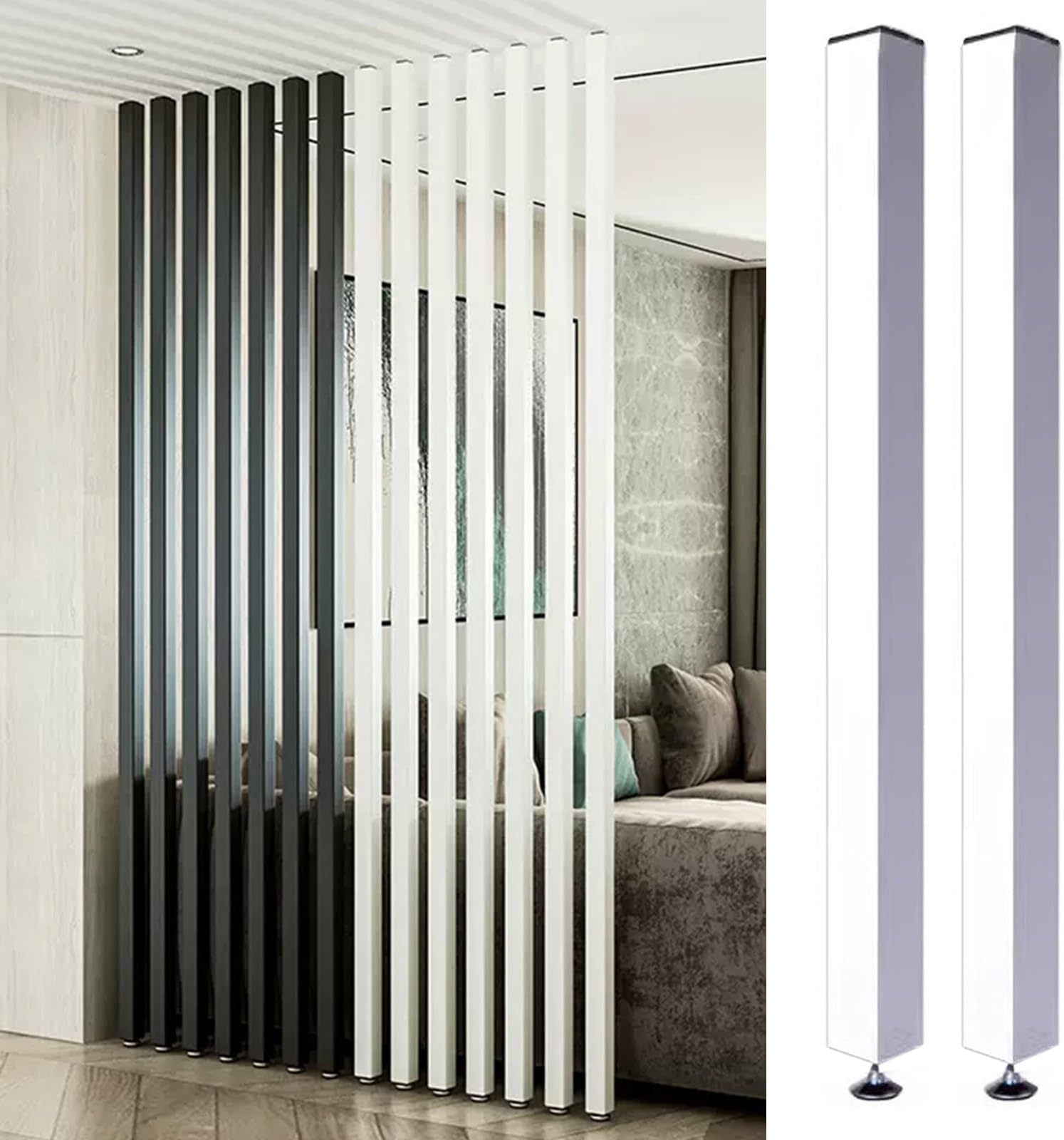 Living Room Floor to Ceiling Wall Post Partitions Screens, Wood Slat Room Divider Column with Adjustable Feet, Office Dividers Pillars 28 36 48 60 70 80 Inches High(White 2 Pack,115cm/45.2in/3.77ft)