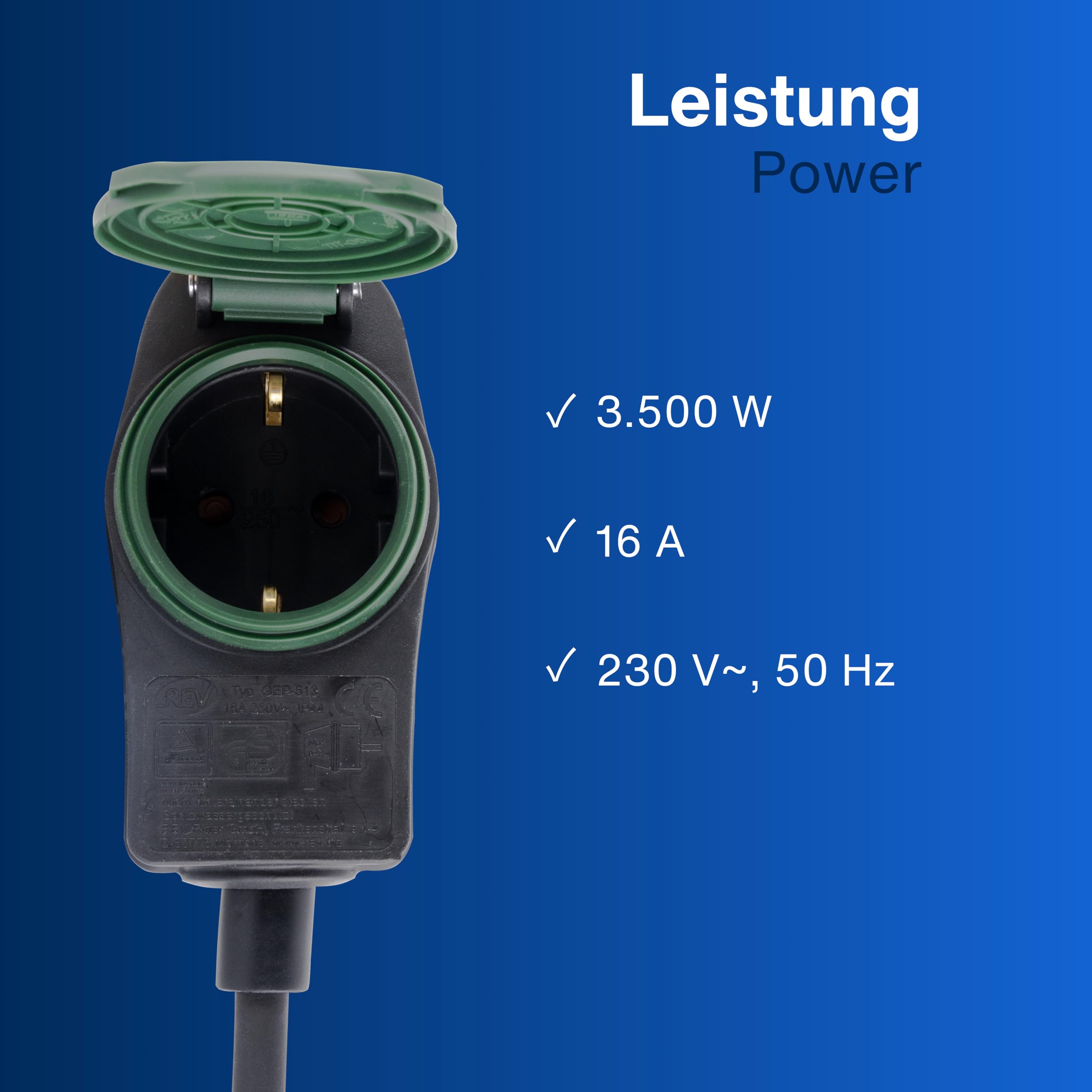 REV 0017101514 Powersplit - Prolunga da 10 m, IP44, con protezione da sovraccarico, colore: nero