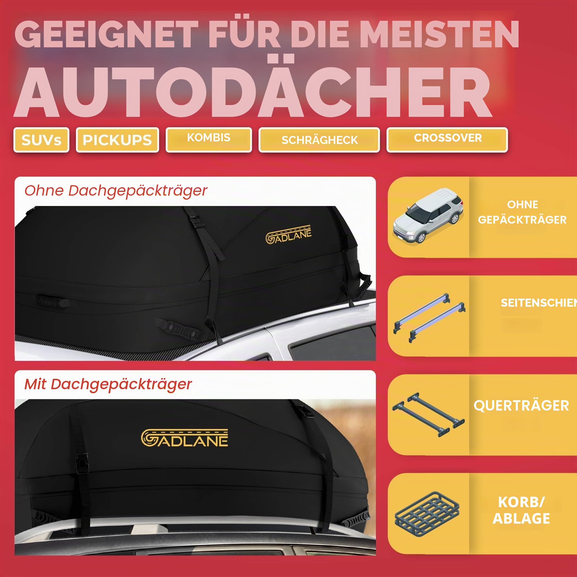GADLANE Auto Dachtasche 400L Wasserdicht Dachbox für Autos & SUV mit oder ohne Dachträger mit 4 stabilen Gurten Anti-Rutsch-Matte Aufbewahrungstasche (Schwarz)