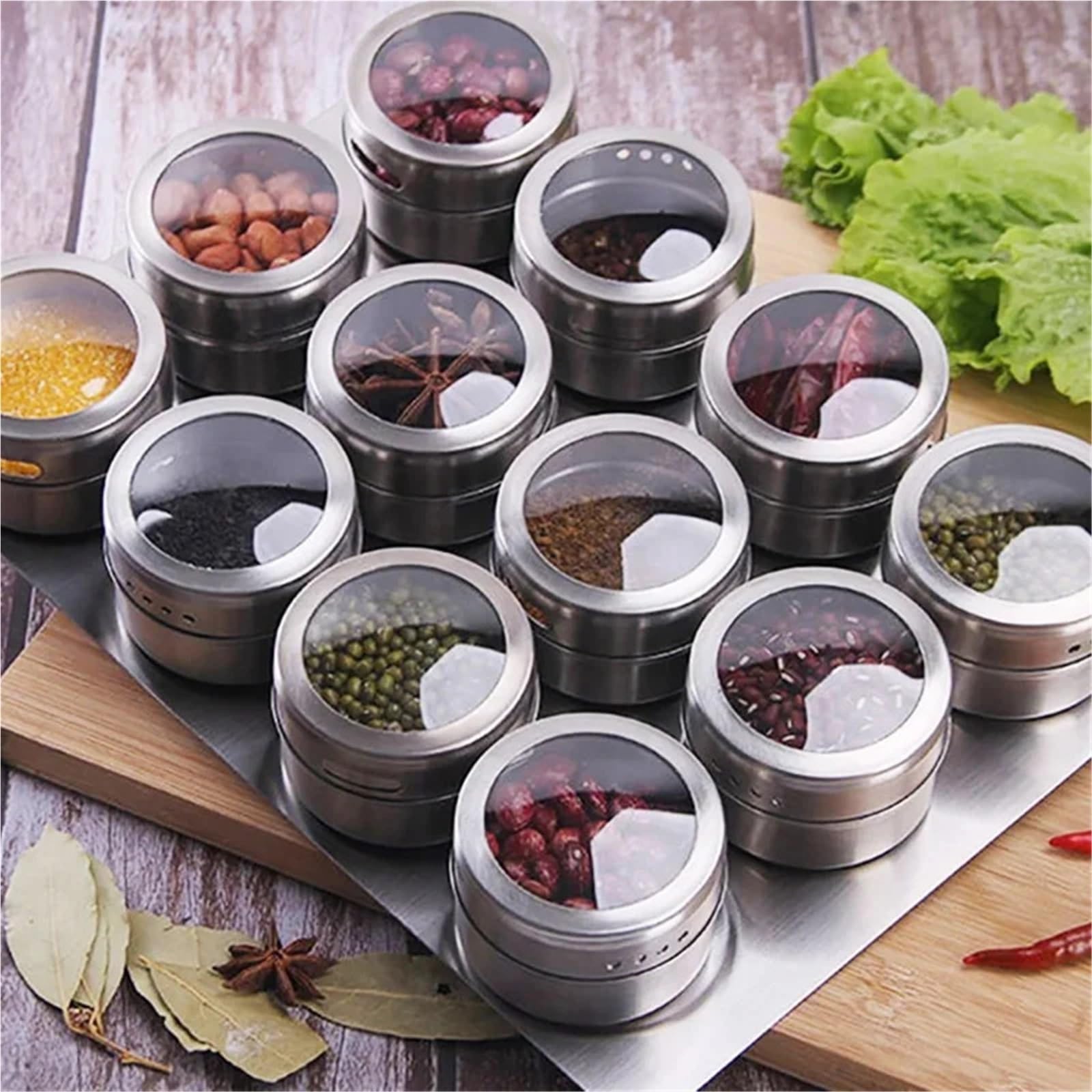 Magnetische Gewürzbox Edelstahl Salz Pfeffer Glas Wand-Grill Aufbewahrungsbox Shaker Flasche Gewürze Tank mit Aufklebern für Salz, Pfeffer(12pcs base)