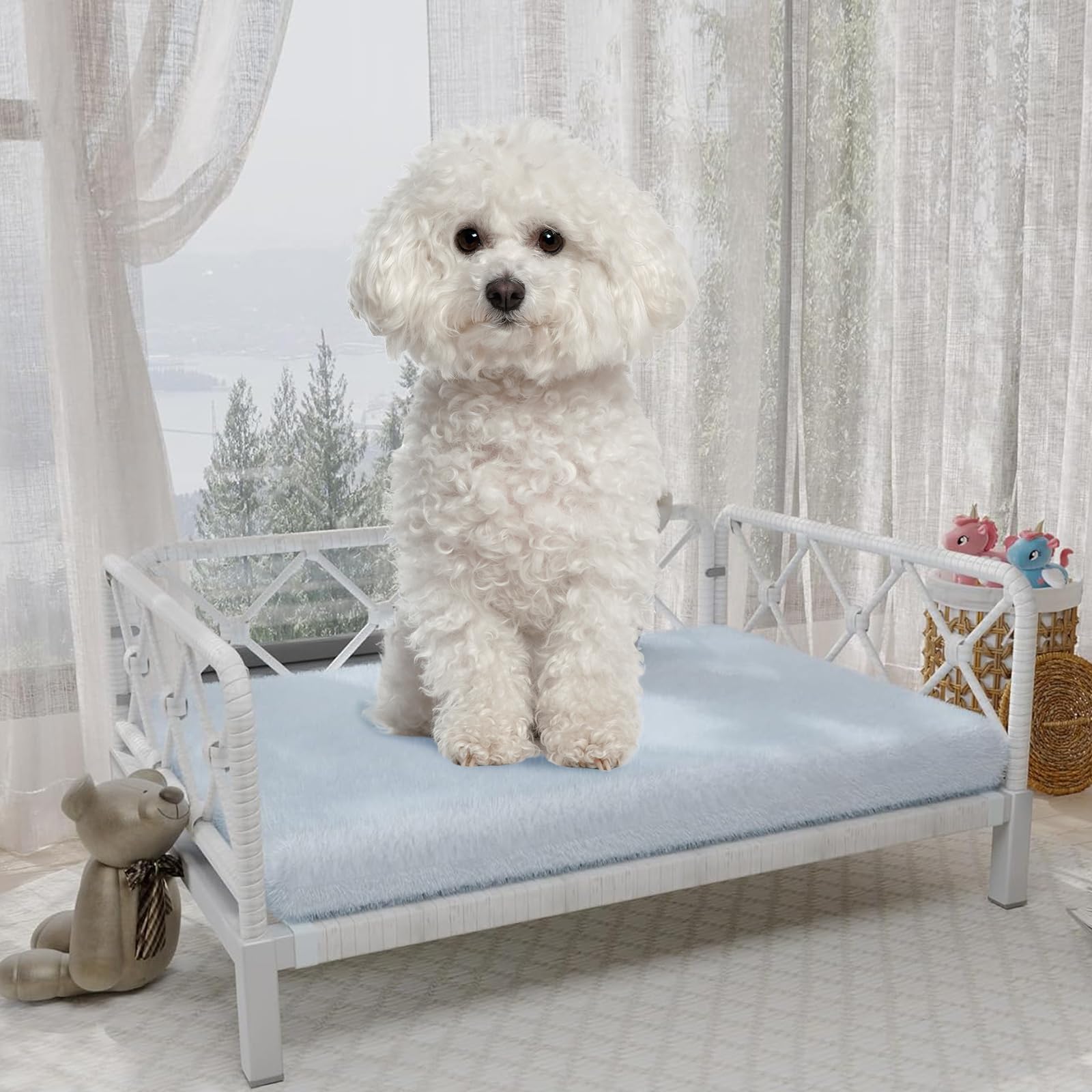 Elevated Waterproof Dog Beds with Egg Crate Foam Support, Outdoor Dog Sofa Bed PE Wicker Orthopedic Pet Bed with Washable Removable Cushion for Medium, Small Dogs (Light Gray)