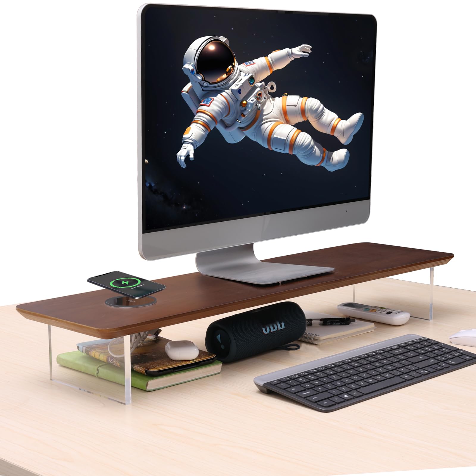 SUIBIAN Elegant Wood & Acrylic Monitor Stand with 15W Wireless Charging – 31.5" Large Desk Riser for Ergonomic View, Desktop Organizer, Laptop & PC |