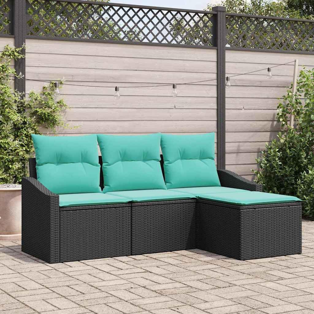 Ensemble de Canapés de Jardin 4 Pièces en Résine Tressée avec Coussins, Salon de Jardin Modulable Noir pour Terrasse et Balcon, Comprenant Siège Central, Canapés d'angle et Pouf