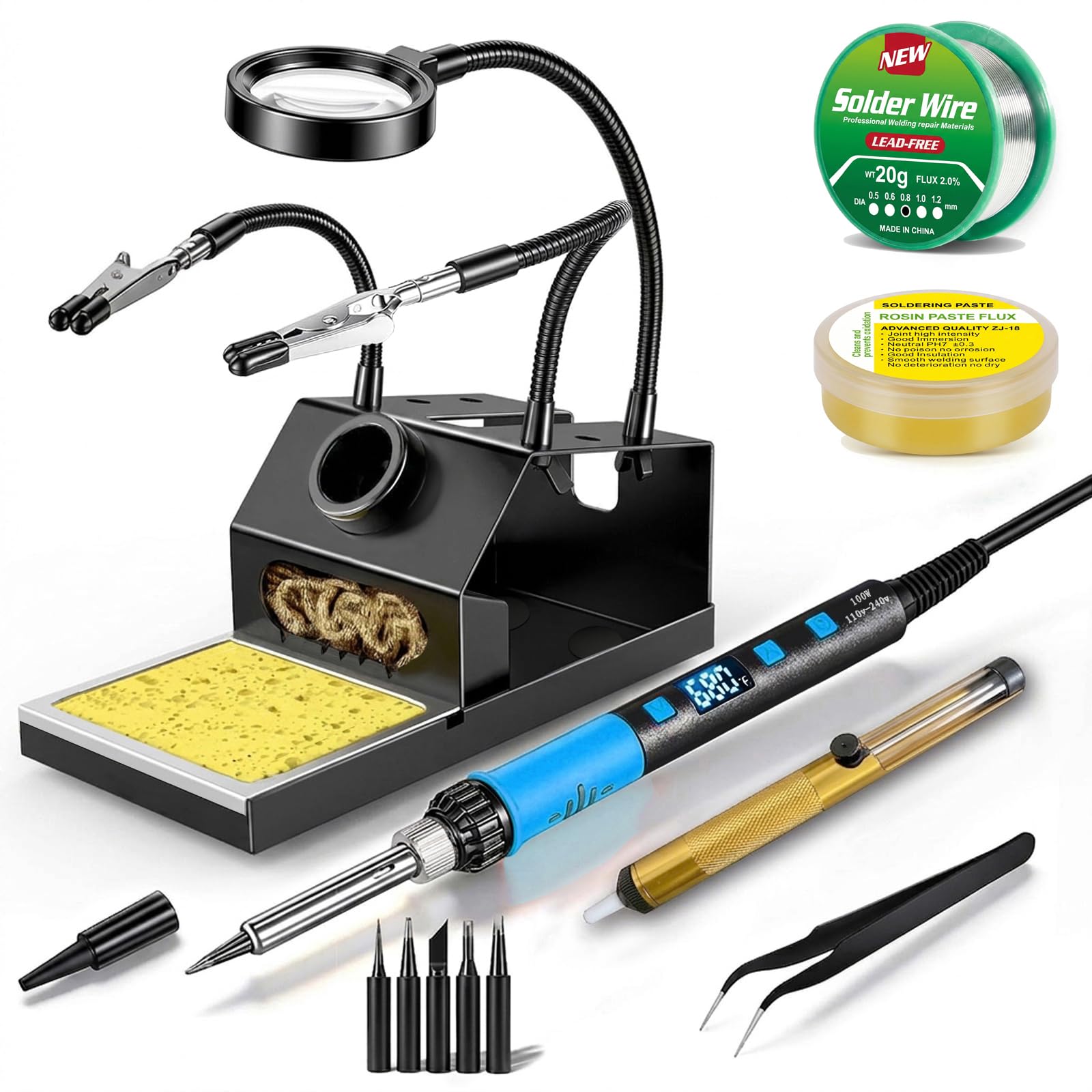 Soldering Iron Kit Tin 100W, Heavy Duty Non-Slip Support, 180-500°C | Third Hand & Magnifier, Fast Heating, Sleep Mode, Adjustable Temperature, LED Display, Lead-Free Solder Wire