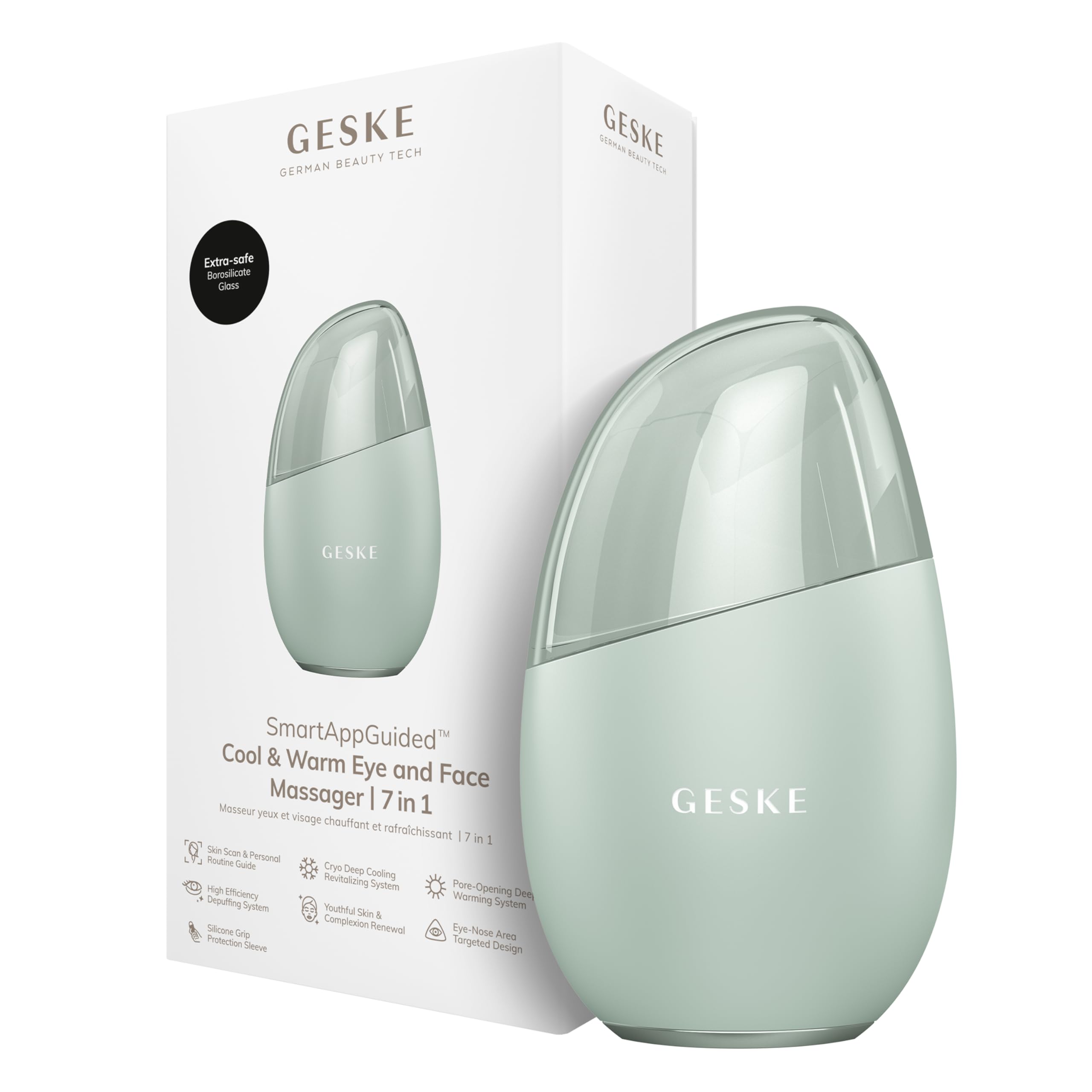 GESKE SmartAppGuided™ Cool & Warm Eye & Face Massager | 7 in 1 | Multi-massaggio | Viso/collo | Raffredda/riscalda senza batteria | Rassoda, rilassa, sgonfia | Eye-Nose Area Targeted Design