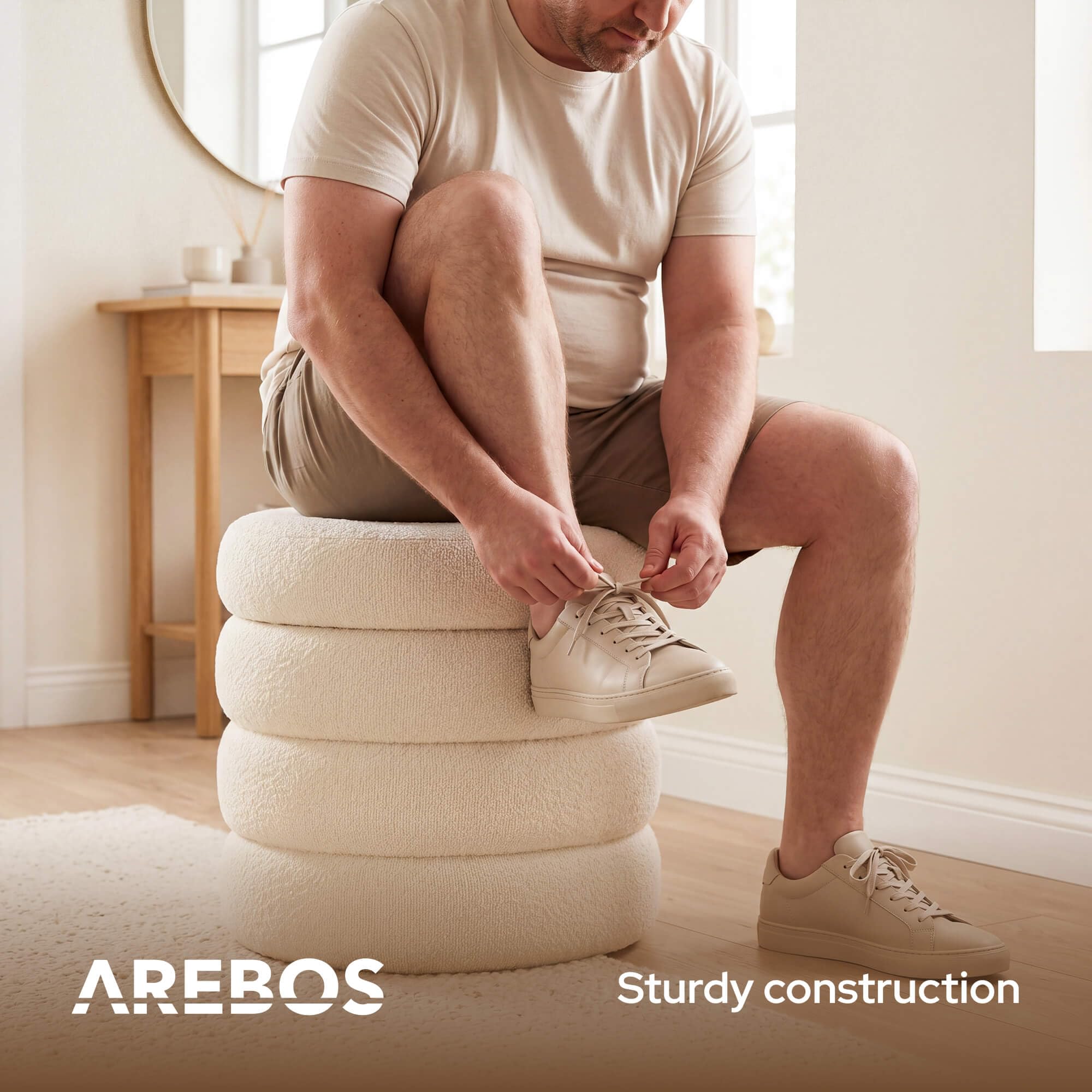 AREBOS Pouf contenitore Ø42 cm | Bouclé | Pouf imbottito | 120 kg | Pouf rotondo con coperchio rimovibile, morbido tessuto bouclé e pratico vano portaoggetti