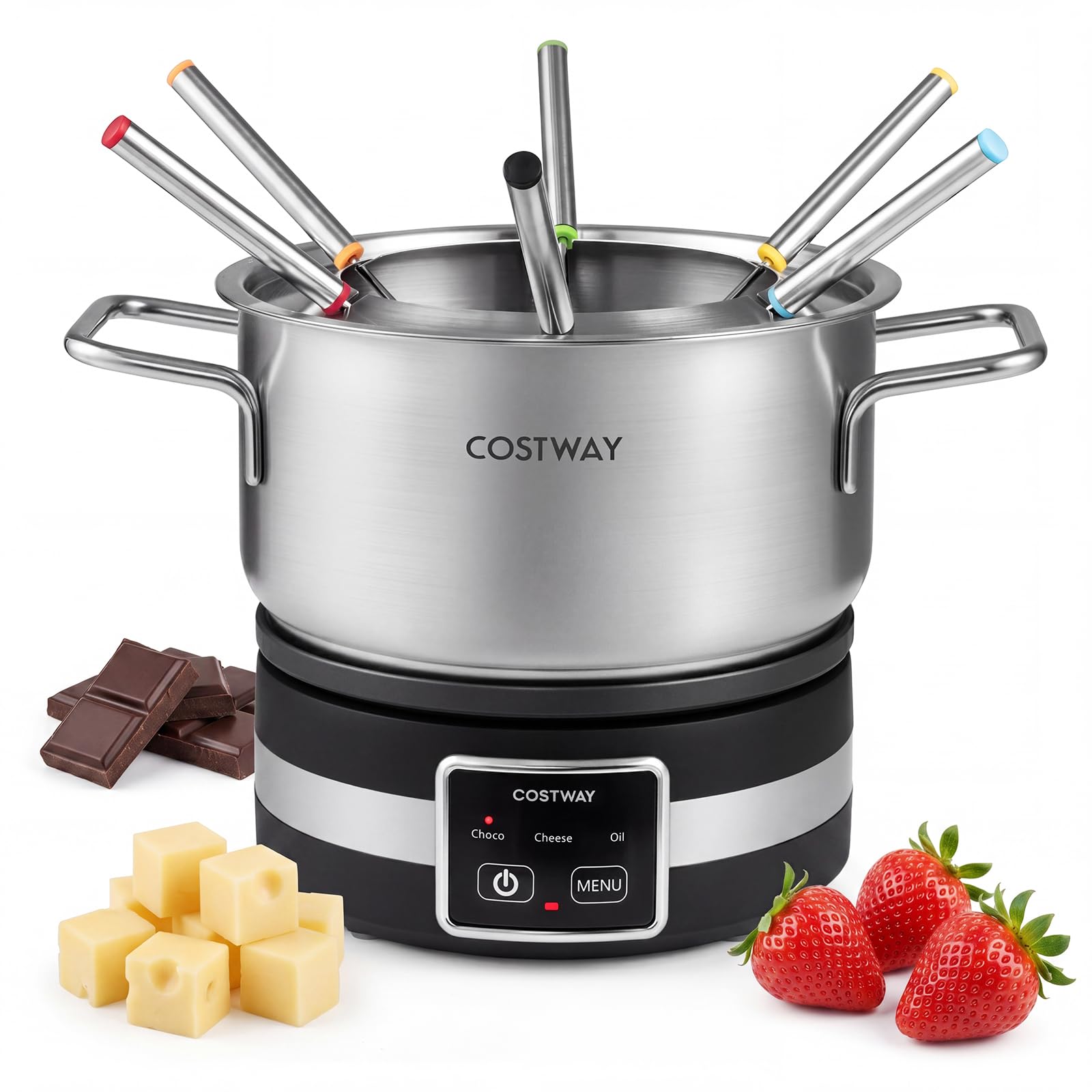 COSTWAY Appareil à Fondue Électrique 2,3L, 1200W, Service à Fondue en Acier Inoxydable, 6 Fourchettes Incluses, Thermostat Réglable, Compatible Lave-Vaisselle, pour Chocolat, Fromage