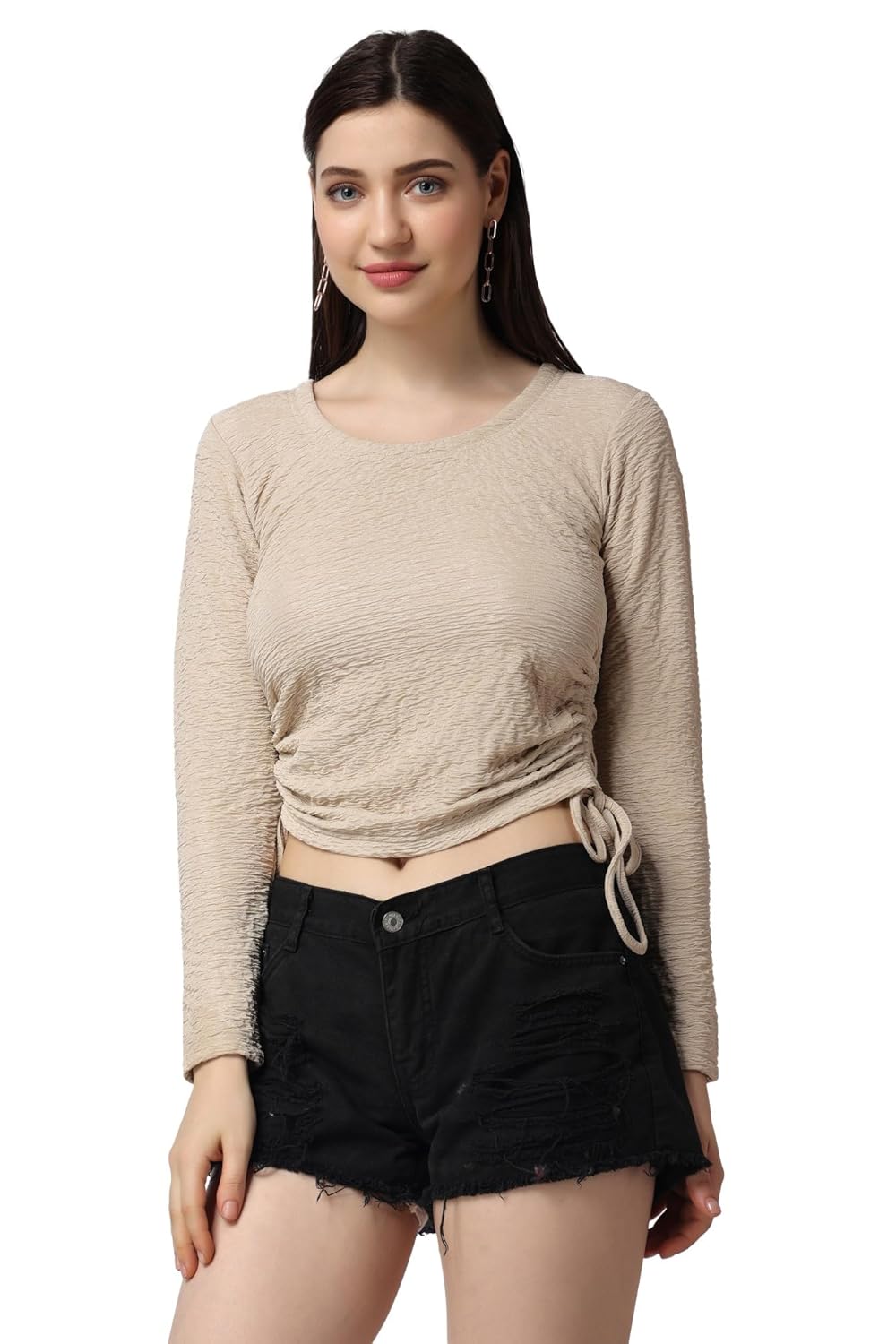 POPWINGS Casual Self Design Regular Fit Polyester Full Sleeves Crop Tops for Women with Crush String