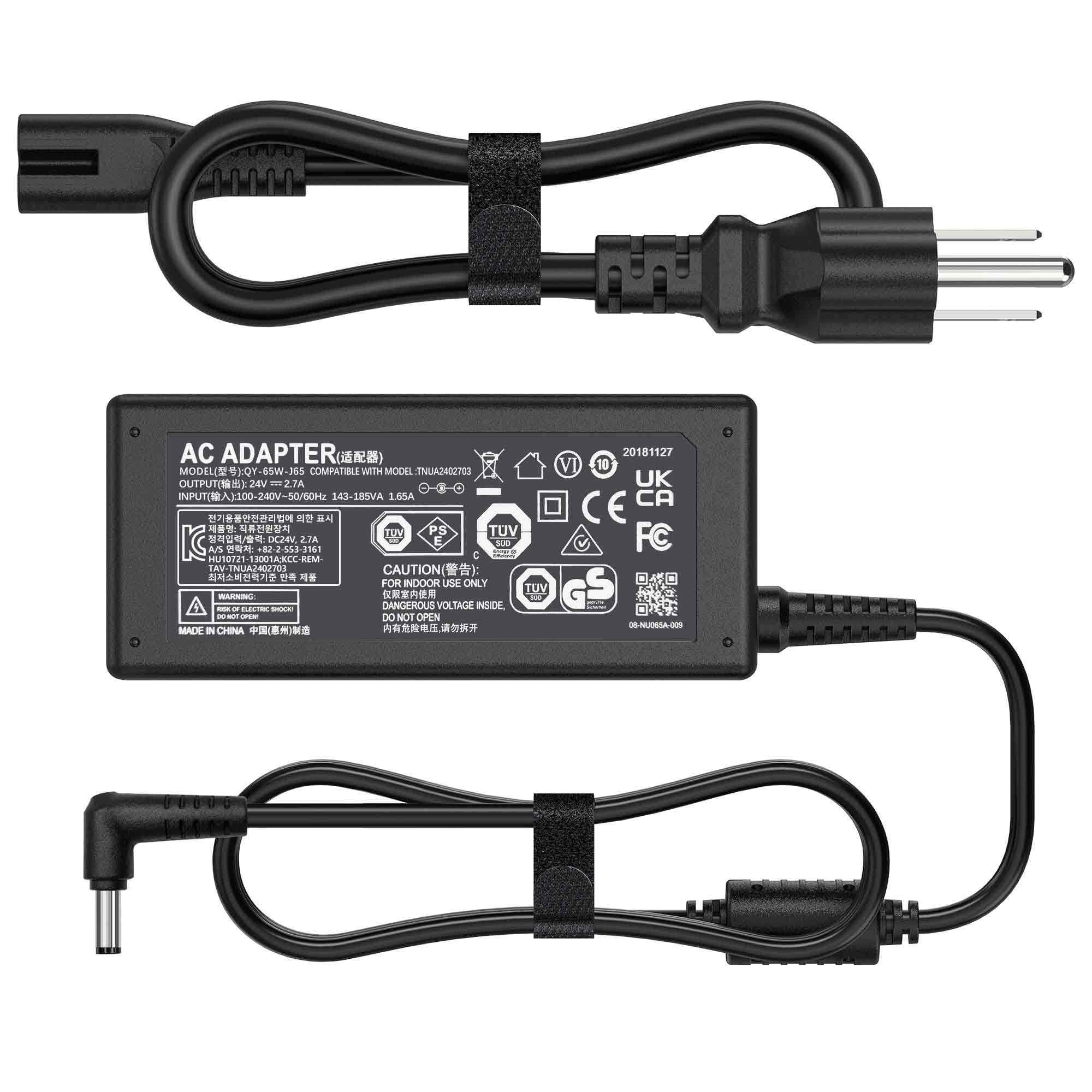VRAVEK 24V AC/DC 65W Speaker Charger Compatible with JBL Bar 3.1 - Channel 4K Soundbar Wireless Subwoofer JBLBAR31BLKAM TNUA2402703 5.5mm*2.5mm Type 2.7A Charger
