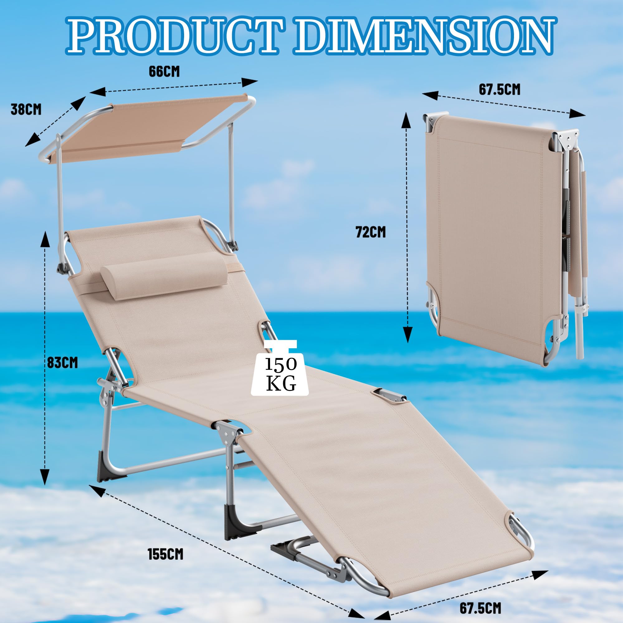 Soontrans 2PCS Große Sonnenliege mit Dach, 194 x 67.5 x 29cm, Gartenliege Klappbar, Liegestuhl Garten mit Verstellbarer Rückenlehne, Seitentasche, Kopfkissen, bis zu 150 kg, für Garten (Khaki)