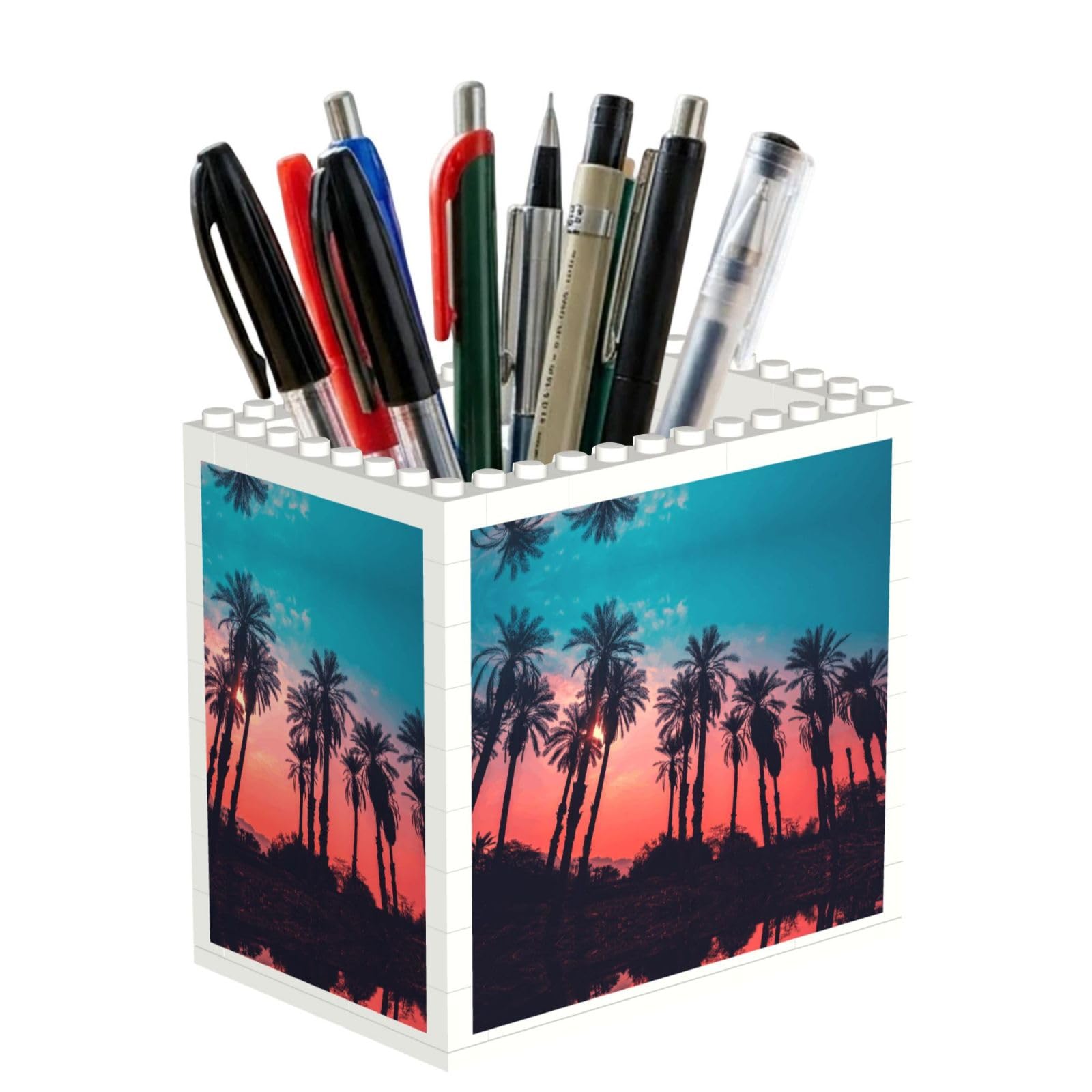 SATUSA Palm Tree Sunset Print Building Block Texture Pen Holder - Pencil Holder For Desk Pen Organizer,Aesthetic Desk Accessories For Women(1pcs)