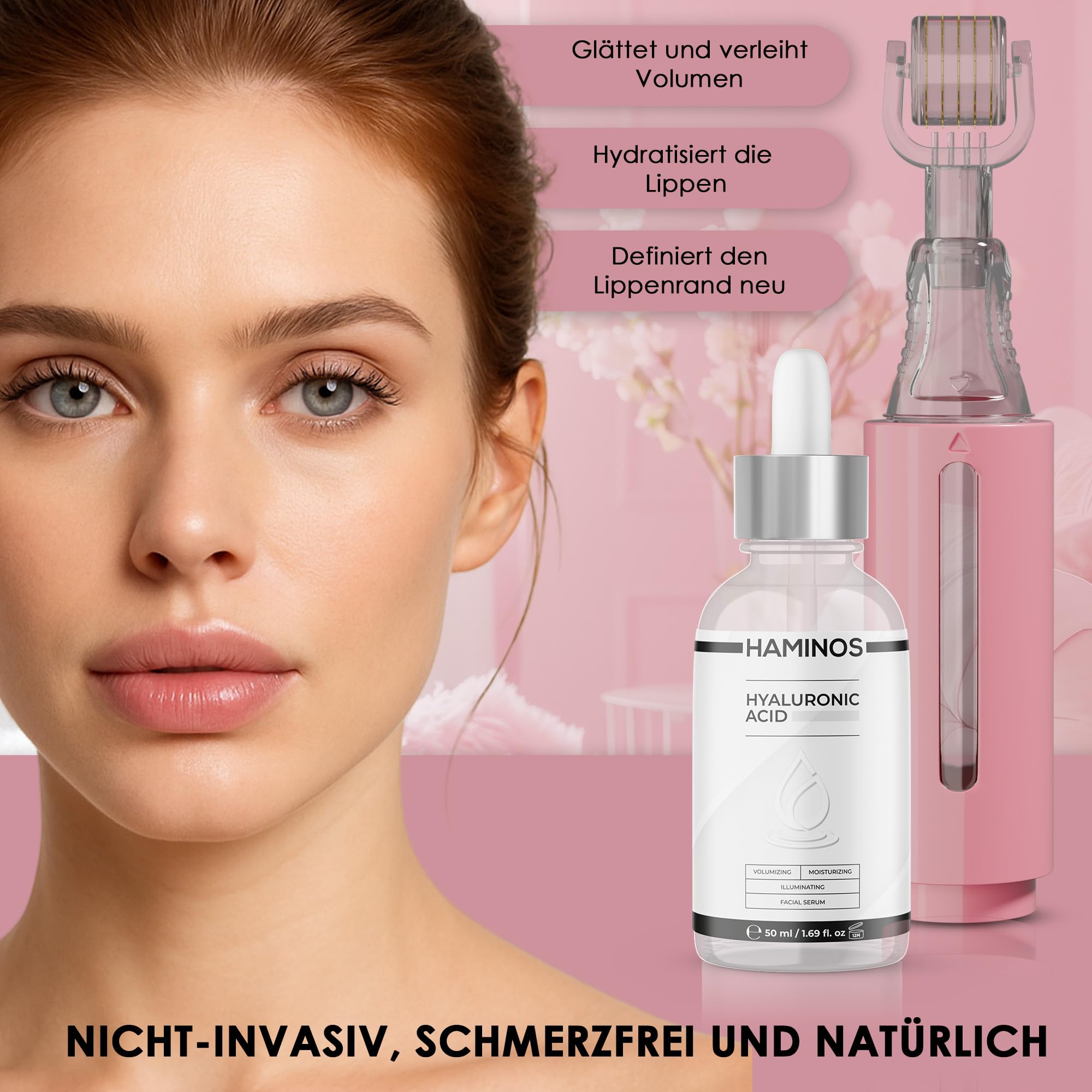 HAMINOS Derma Roller 0,25 mm mit Hyaluronsäure Serum, Microneedle Roller mit Reservoir, Lippenpflege Applikator