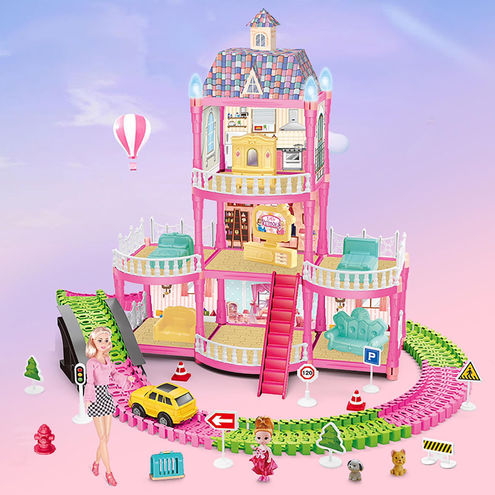 Beauenty Doll House Building Toys with Lights to Assemble Kitchen, Bedroom, Furniture, Garden, Dolls, Pets, Pink Play Dream House for Girls, Girls Toddler DIY Ideas Gifts (style2)