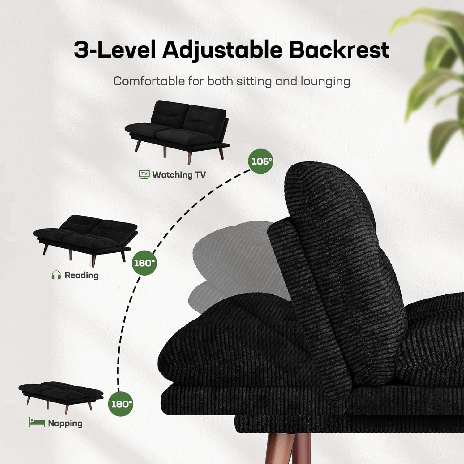 Marsail Futon Sofa Bed, 66” Futon Couch with Adjustable Backrest & Armrests, Convertible Small Sleeper Sofa Bed for Small Apartments, Study Room, Office, Corduroy Loveseat, Black