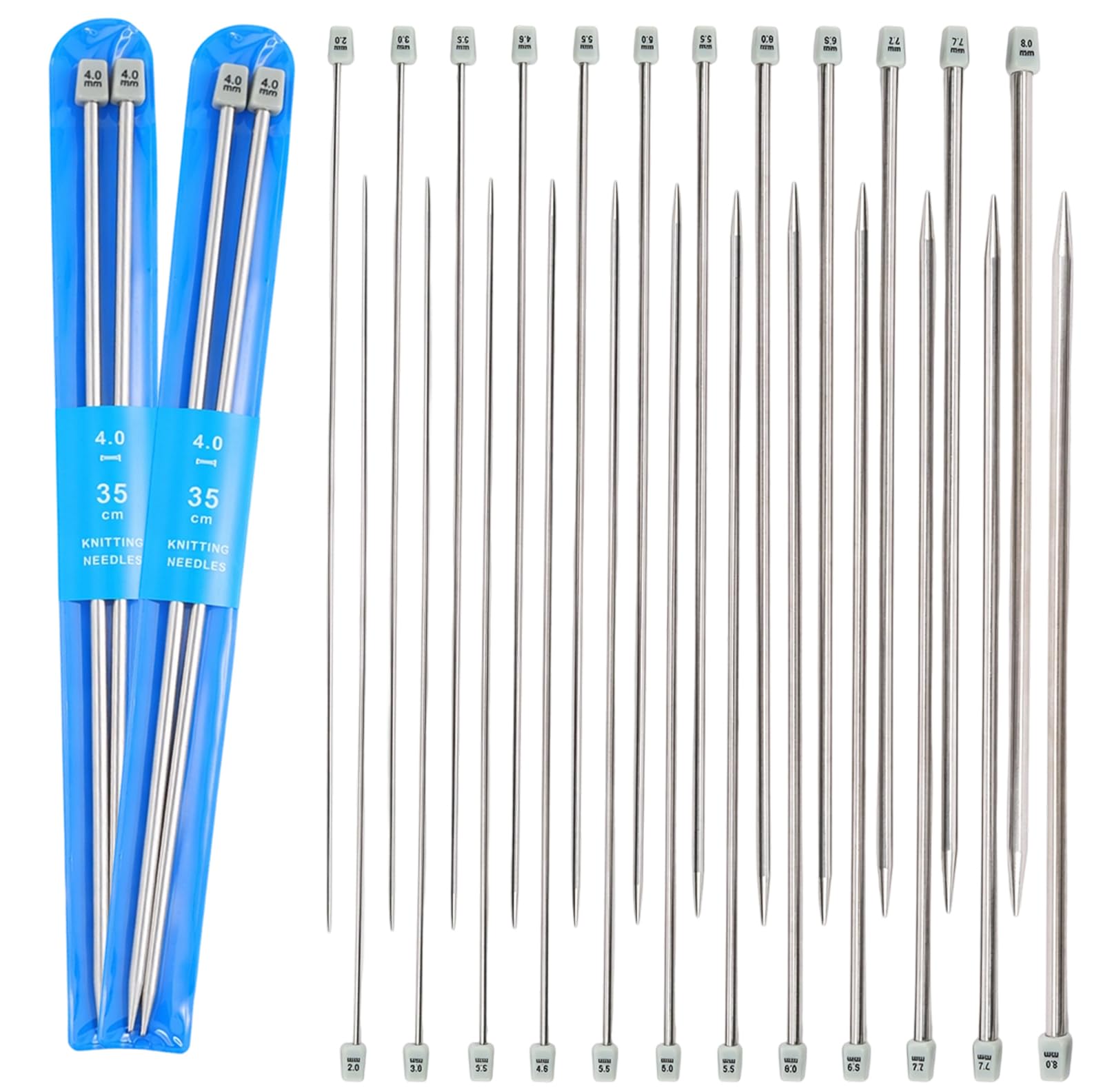 Knitting Needles Set, 22 Piece Knitting Needles Collection, Short Knitting Needles for Craft Projects, Eleven Sizes from 2.0 mm to 8.0 mm for Various Knitting Needs (11 Sizes)