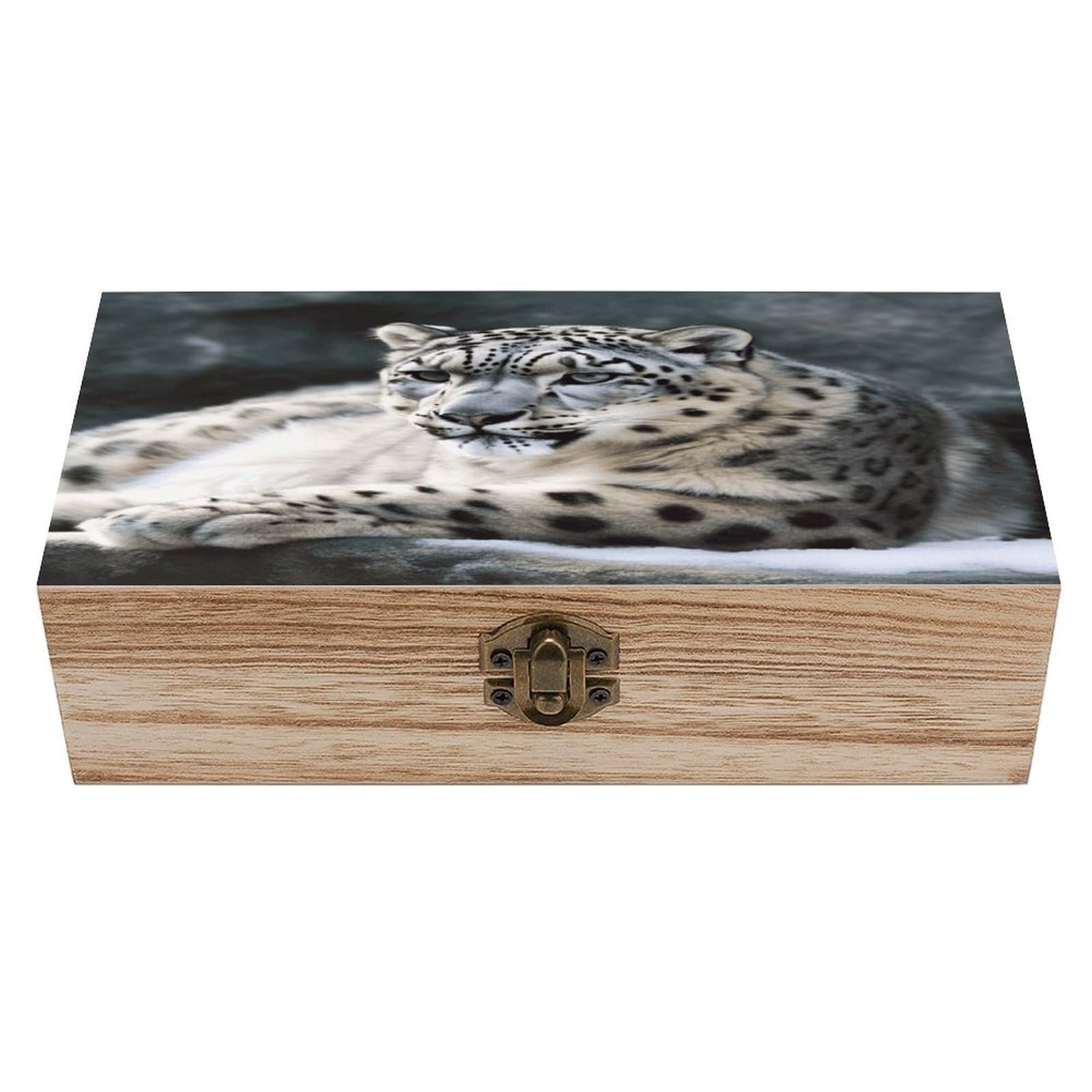 VstaDank Snow Leopard Wooden Box with Hinged Lid Handmade Wooden Jewelry Boxs Organizer Personalized Woodens Keepsake Box for Pictures Wedding Photo Jewelry Decorative Chest Rustic Crate