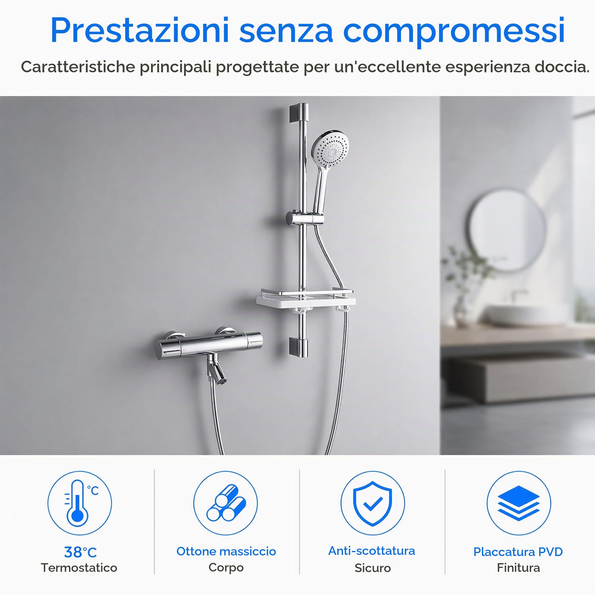 Rubinetto vasca da bagno Miscelatore Termostatico Doccia 38℃ Cromato | Vasca da Bagno Doccia Termostato G 1/2" Rubinetto Doccia a due Uscite Rubinetto doccia Termostatico in Ottone