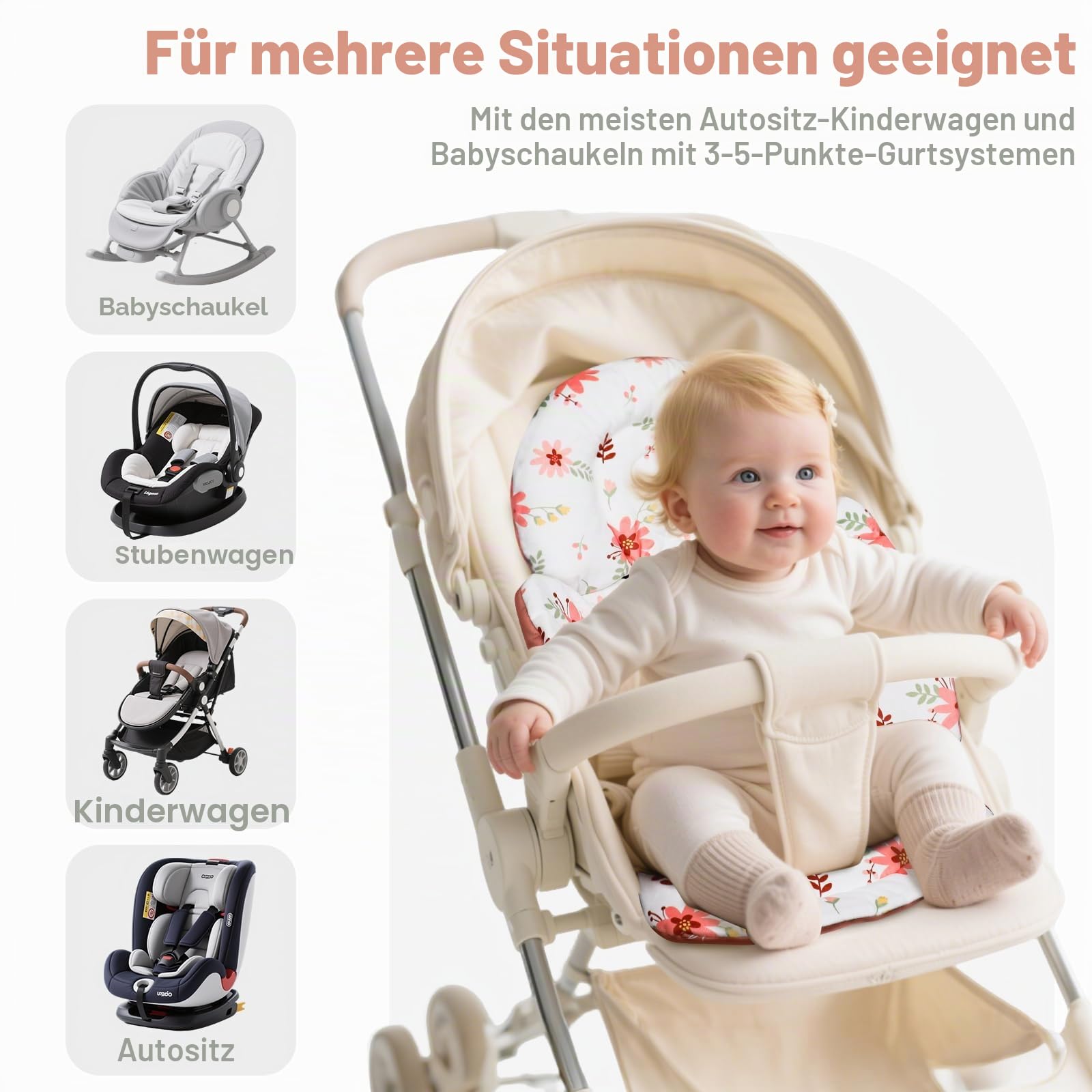 KAKIBLIN Säuglings-Autositz-Einlage, Baby-Autositz-Kissen, Autositz-Kopfstütze für Säuglinge, Atmungsaktive Reversible Autositz-Einlage-Unterstützung für Neugeborenen-Kinderwagen, Babyschaukel