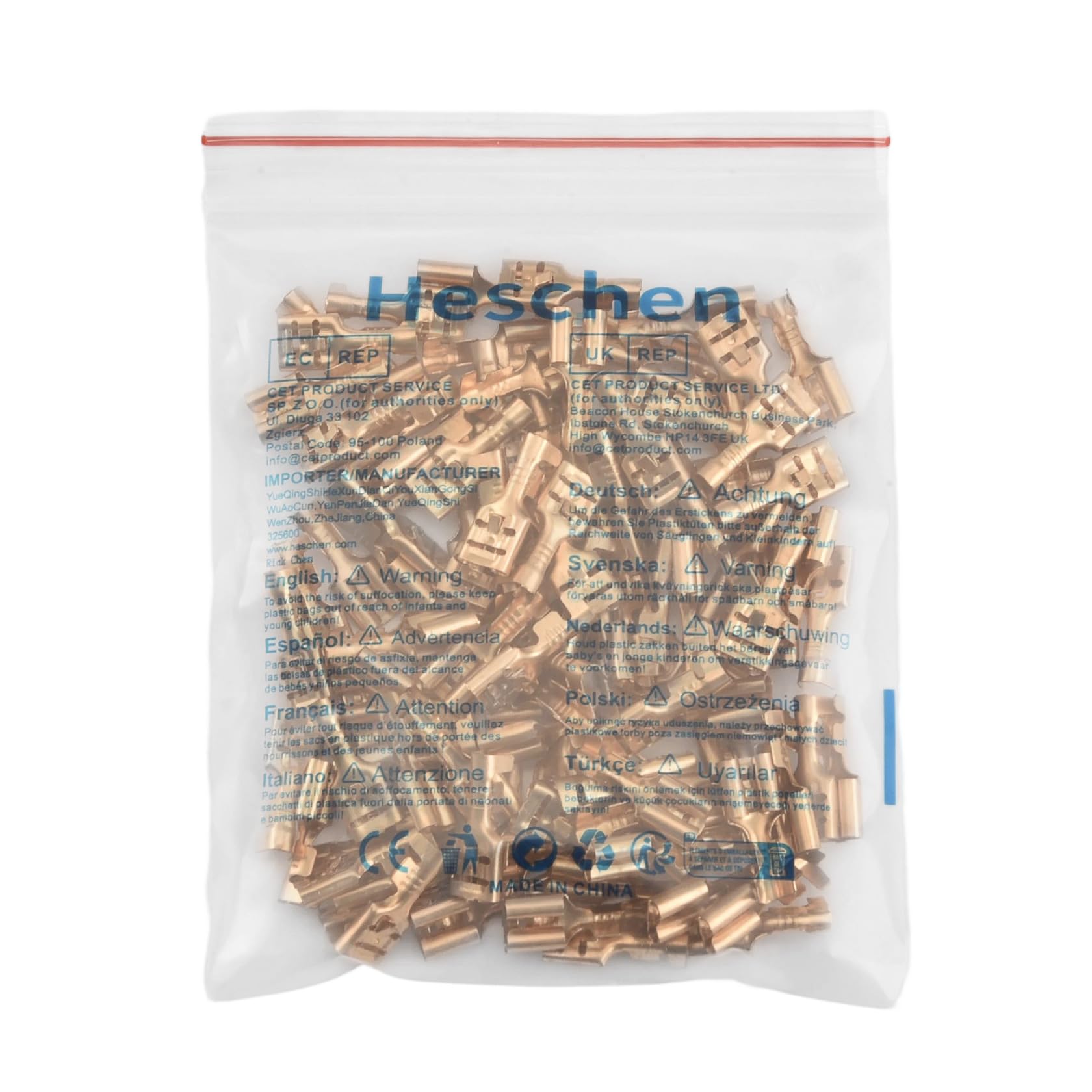 Heschen 100 terminales de crimpado de pala de 6,3 mm, latón, no aislados, para cables de 1 a 1,5 mm²