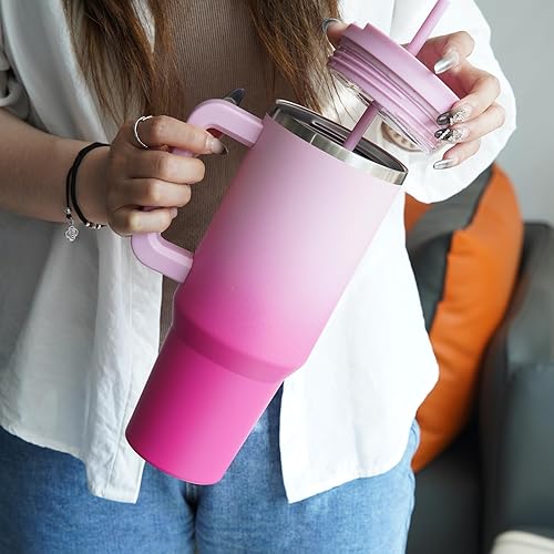 Miniatura 5 de Vaso de 40 fl oz con asa y 2 popotes, con tapa 2 en 1, botella de agua con aislamiento de acero inoxidable, taza de café y para viaje, color y