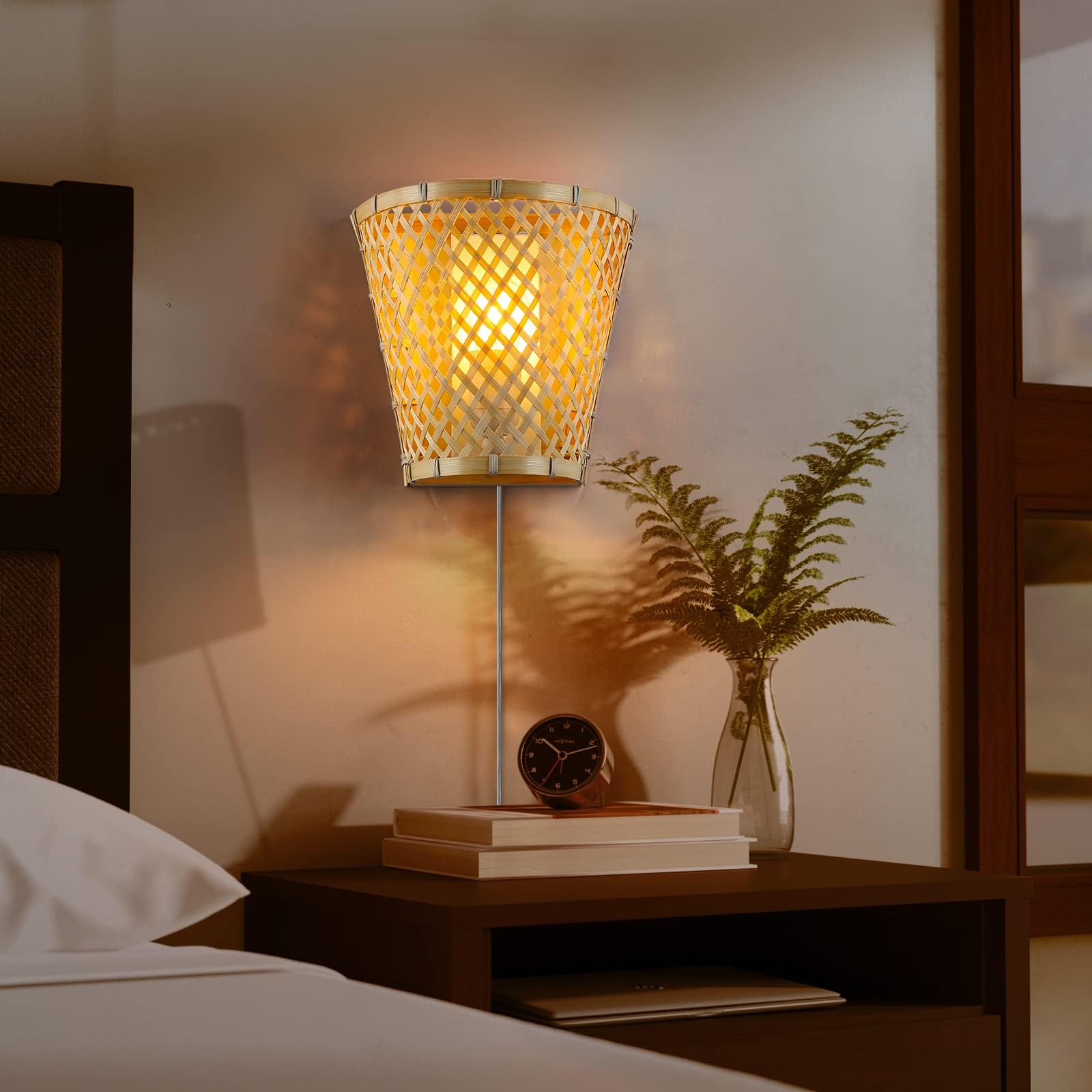 Bamboo Wall Lamp with Plug in Cord for Living Room, E26 Socket Wall Mounted Fixture Handmade Wicker Rattan Wall Lights with Switch Up Down Lighting for Bedside Lighting with Clear Cable
