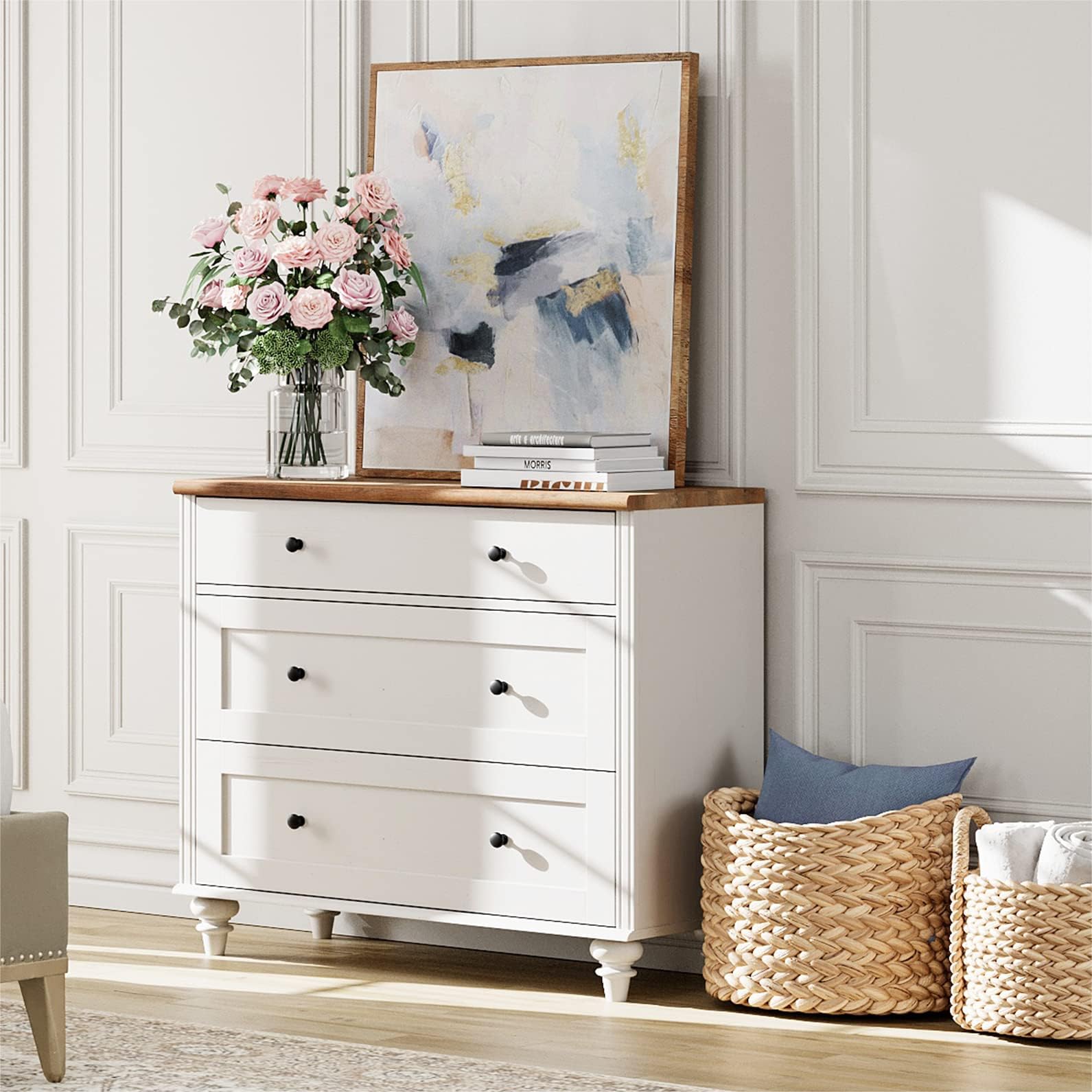WAMPAT Dresser for Bedroom with 3 Drawers, White Kids Dressers with Wide Chest of Drawers, Mid Century Modern Wooden Closet Storage Organizer, Small Dressers for Living Room, Nursery, HallwayThe Forest Stewardship Council