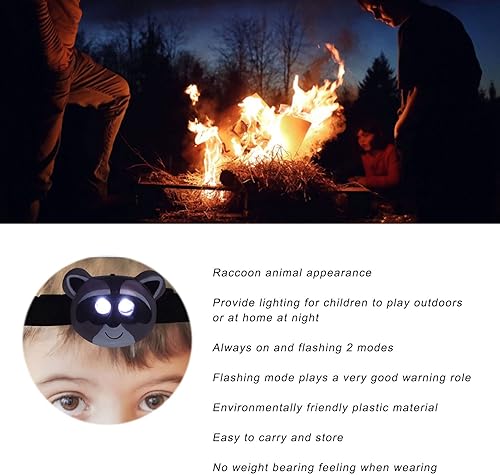Miniatura 8 de Linterna frontal para niños, linterna LED de aspecto mapache con modo de luz ajustable para camping, senderismo, lectura y fiestas