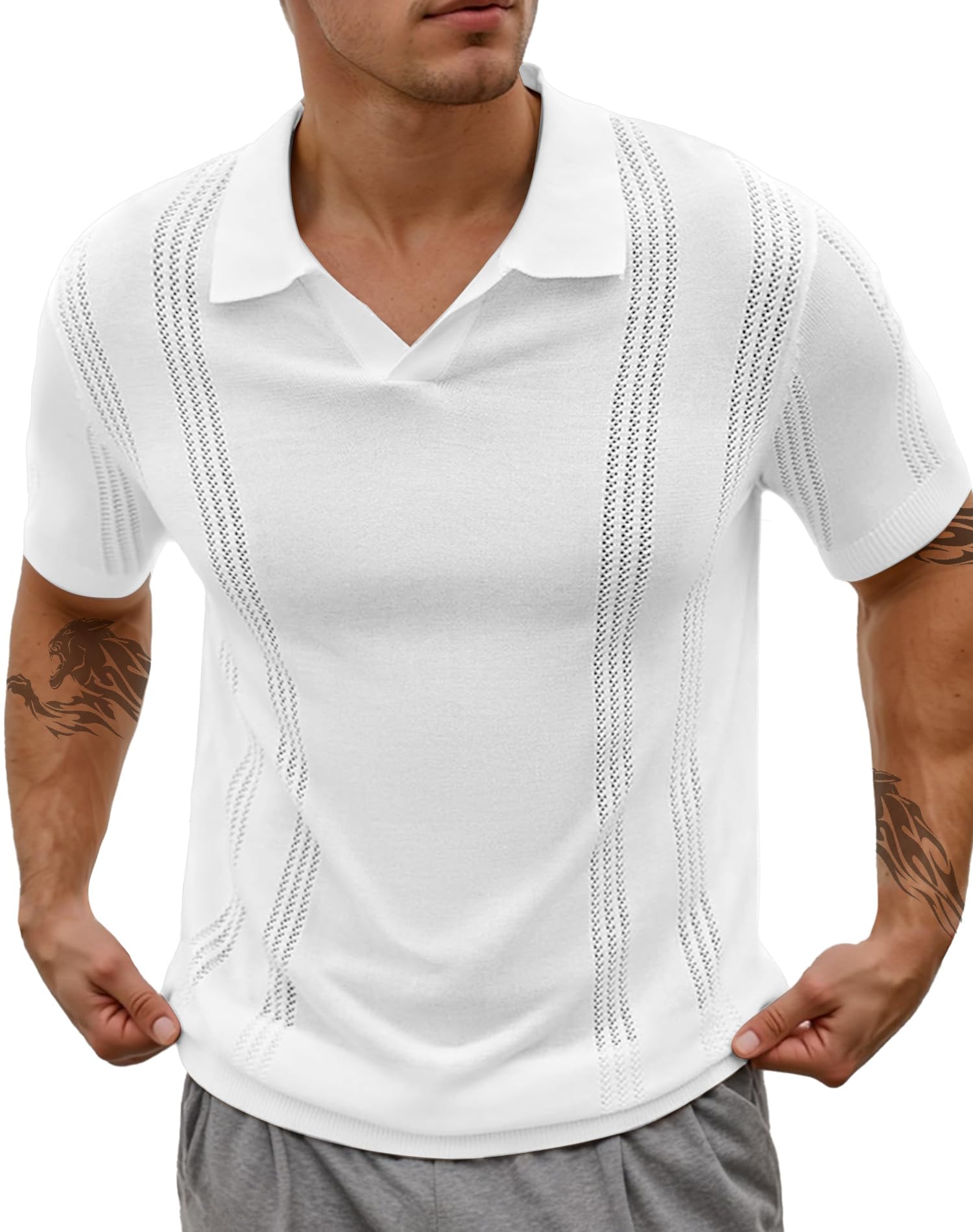 SEAUR Knit Polo Shirts for Men v neck Short Sleeve Textured Summer Collared T Shirt Going Out Top XXL White