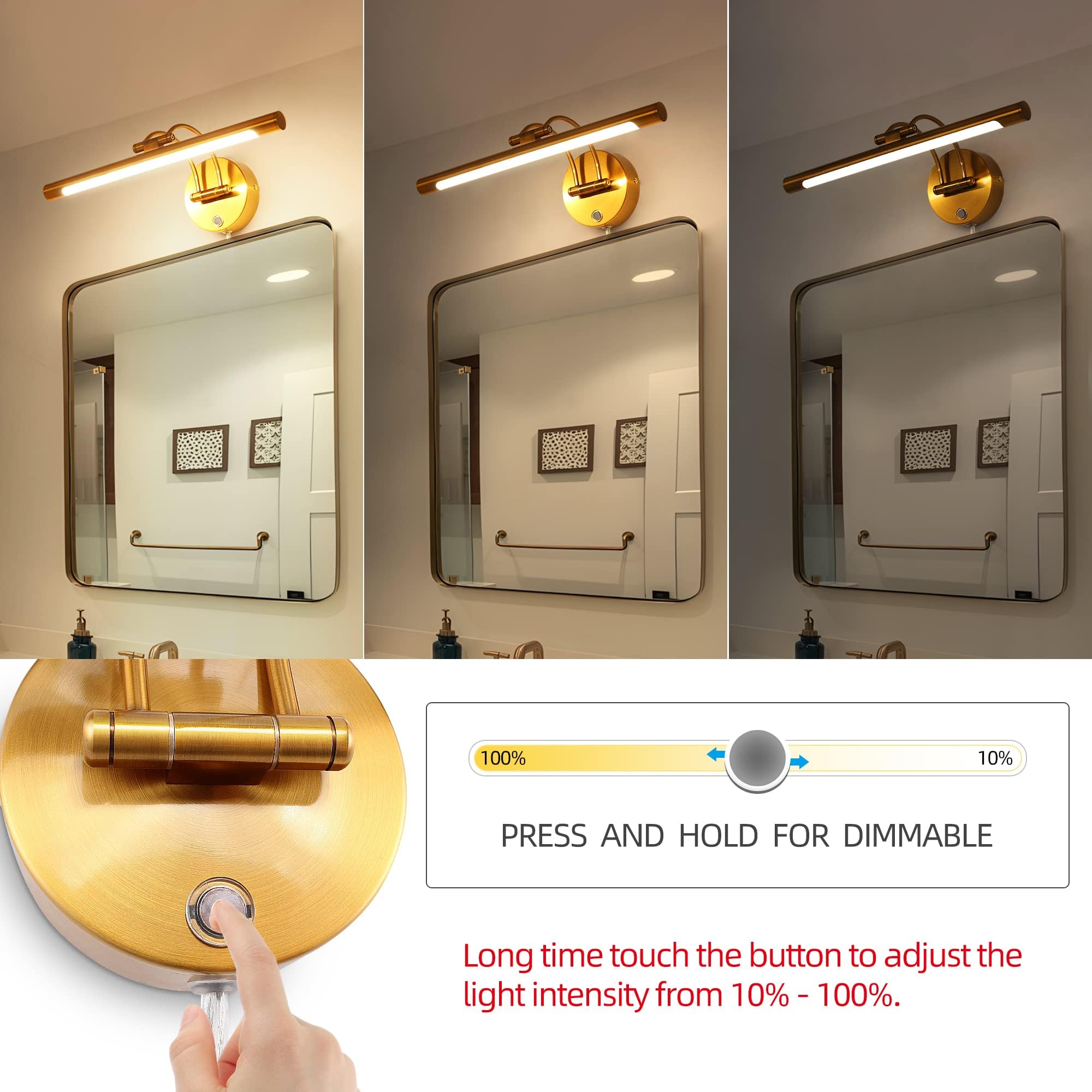 KAISITE 22 In. 1-Light Gold LED Vanity Light Bar 18-Watt Rotatable Bathroom Light Fixture 8037ML-18GD-US - The Home Depot