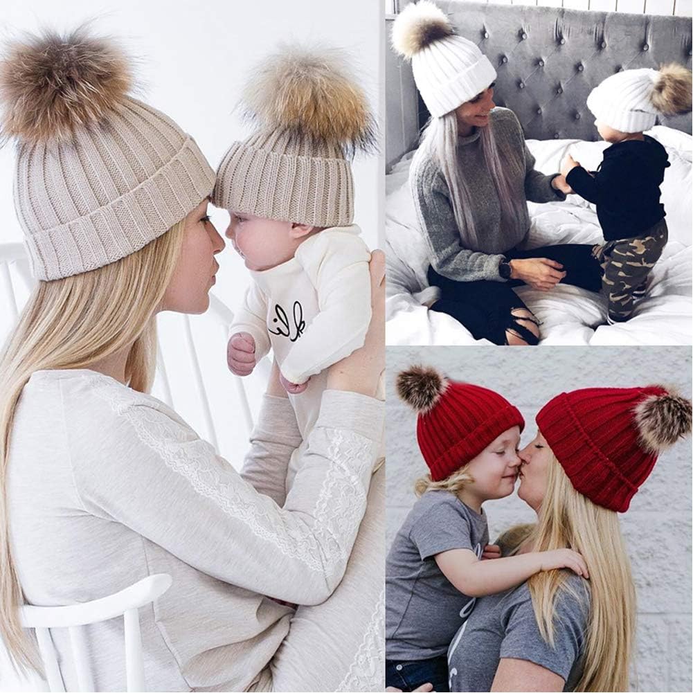 2PCS Parent-Child Hat,Mother & Daughter/Son Winter Warm Knit Hat Family Crochet Beanie Ski Cap(Red) - Image 6