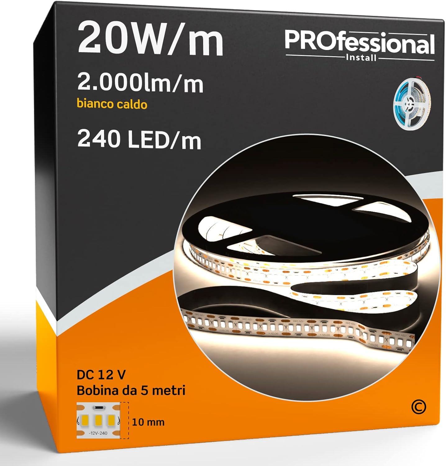 Eurocali 5 Profili da 2 metri (10mt) in Alluminio + 10mt Striscia LED 12V 240 LED/mt 20W/m 2000 lumen - Luce Bianco Caldo 3000K