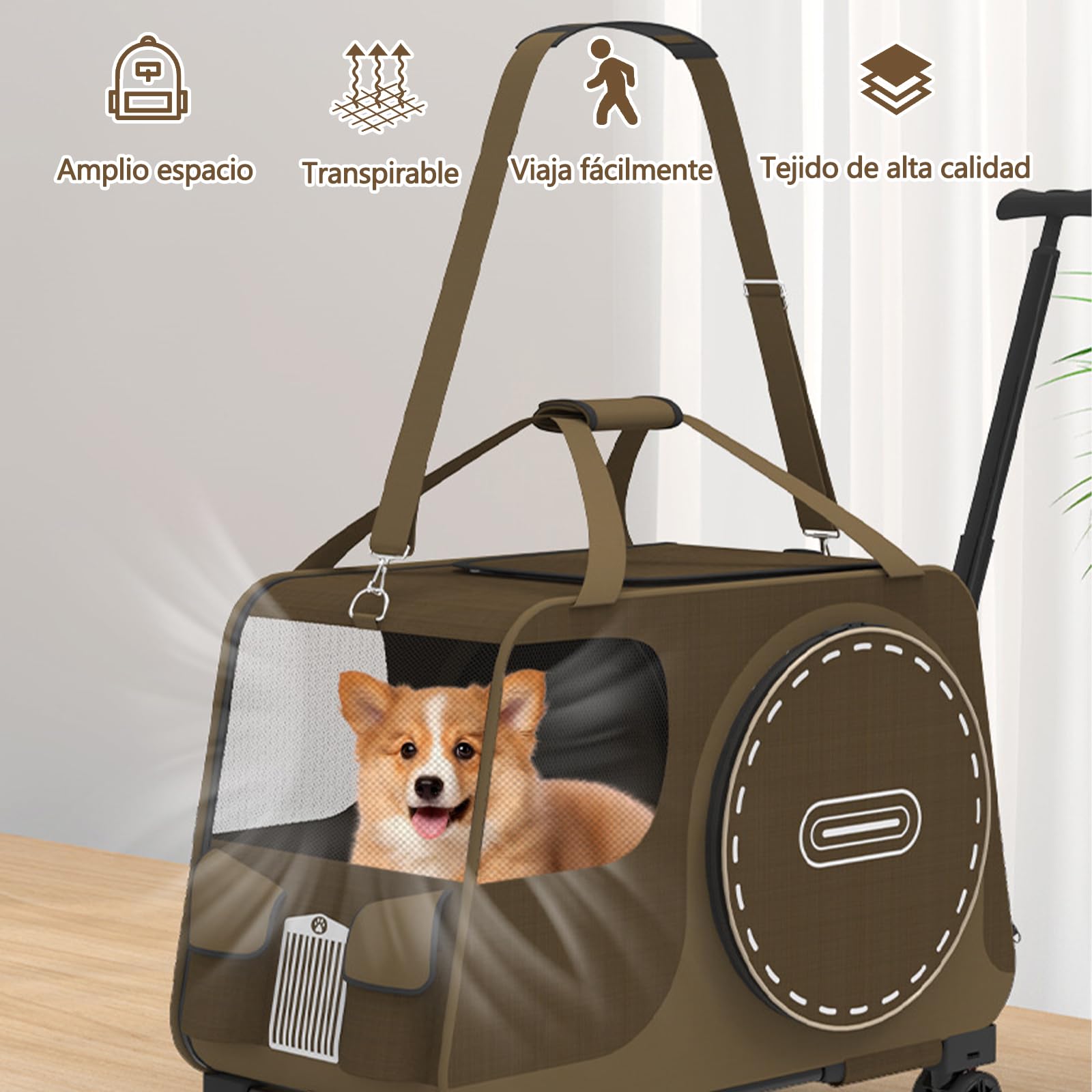 Galatée Cochecito para Mascotas, Bolsa De Viaje para Perros con Ruedas Extraíbles, Bolsa para Gatos con Ventanas De Malla, Bolsa Plegable para Perros para Viajes, Camping y Exteriores(Marrón)