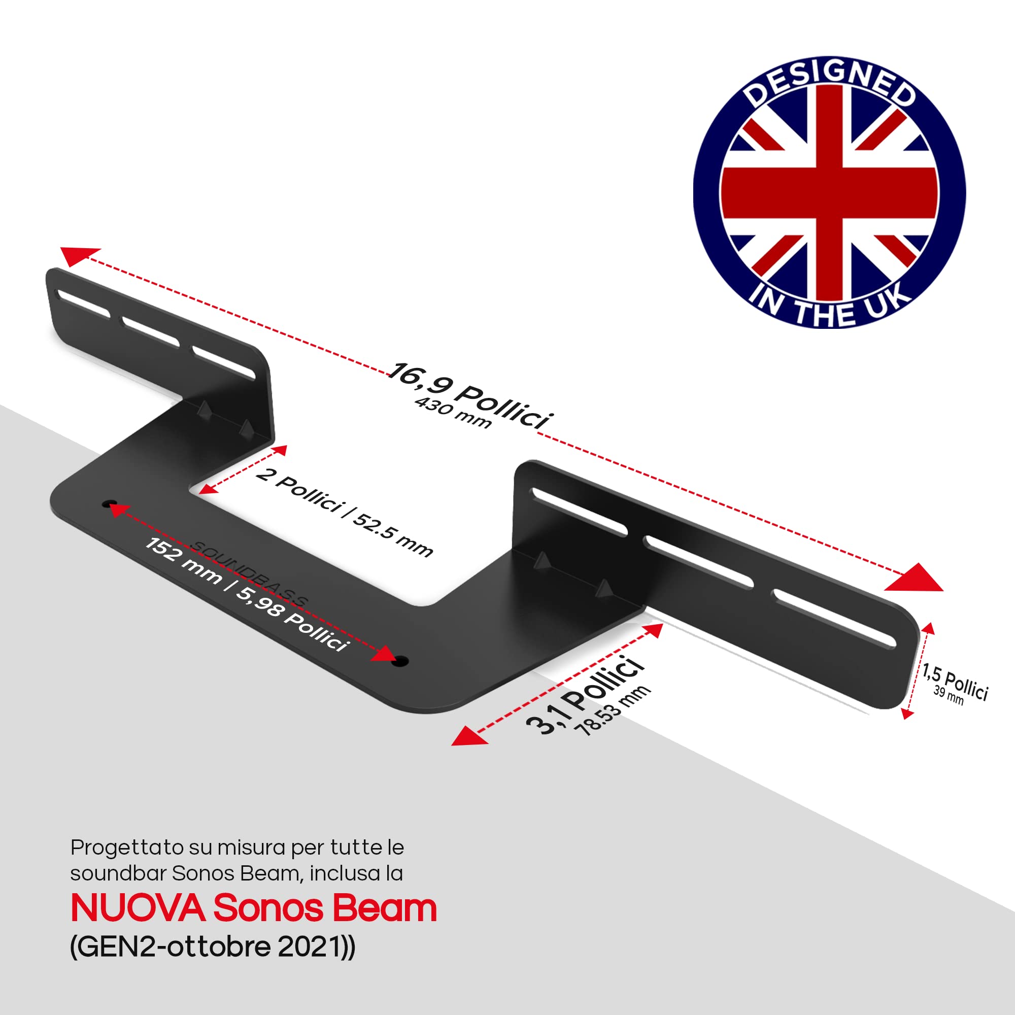 Supporto Soundbar Soundbass per Sonos Beam, Compatibile con Sonos Beam Sound Bar di Prima e Seconda Generazione, Include Tutto l'Hardware di Montaggio Necessario, Staffa di Montaggio, Nero