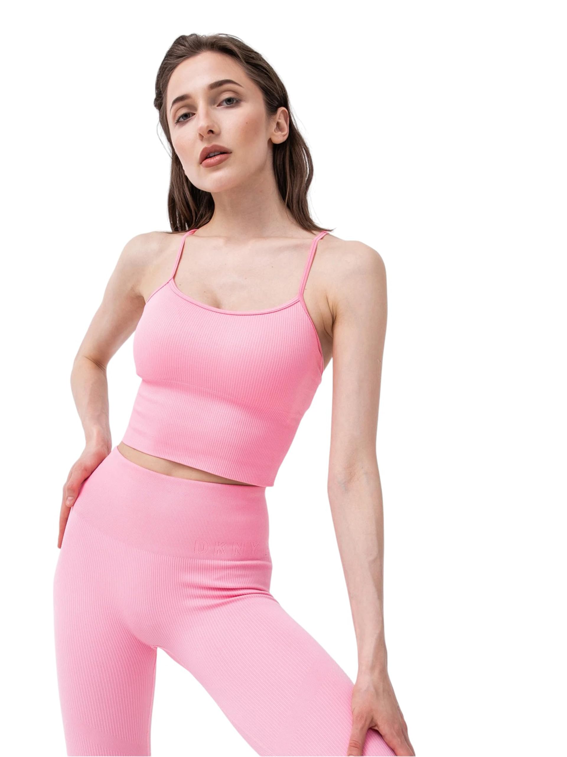 DKNY Sport-Top Corto da Donna A Costine, Senza Cuciture, con Coppe Rimovibili T-Shirt