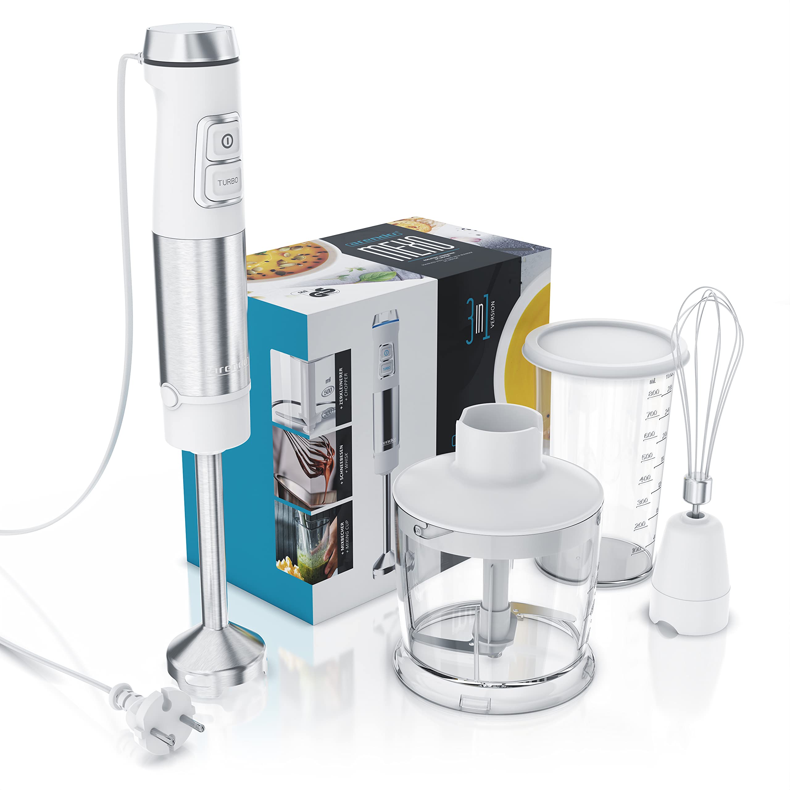 Arendo - Frullatore a immersione in acciaio inox da 1200 Watt - Frullatore ad immersione - Velocità continua - Coltello a 4 ante - Misurino da 800 ml - frusta - Piedino rimovibile
