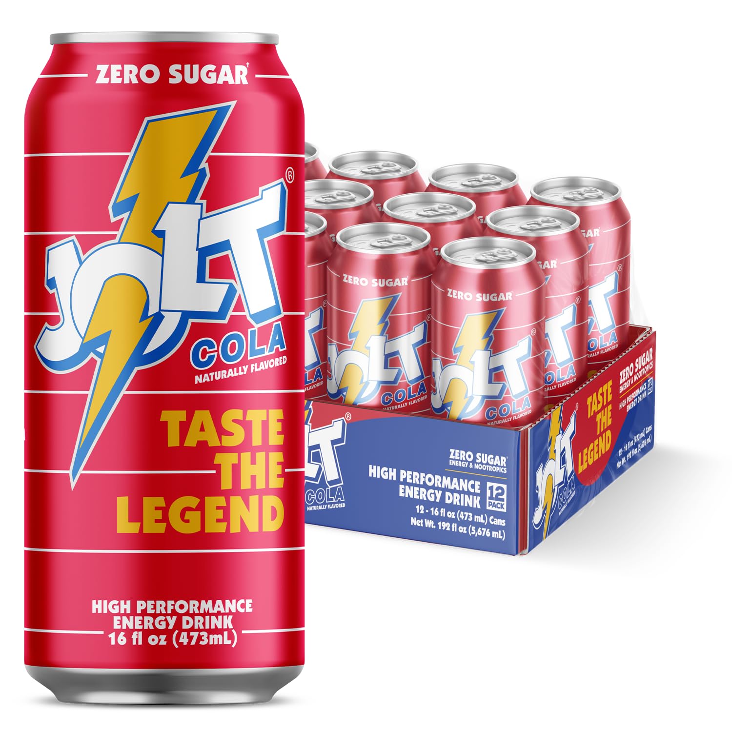 JOLT Cola Energy Drink – 200mg Caffeine, Zero Sugar, 16oz Can – Classic 80s Flavor, Nootropics, B-Vitamins, Metabolism Boost – Performance Energy Beverage (12 Pack)