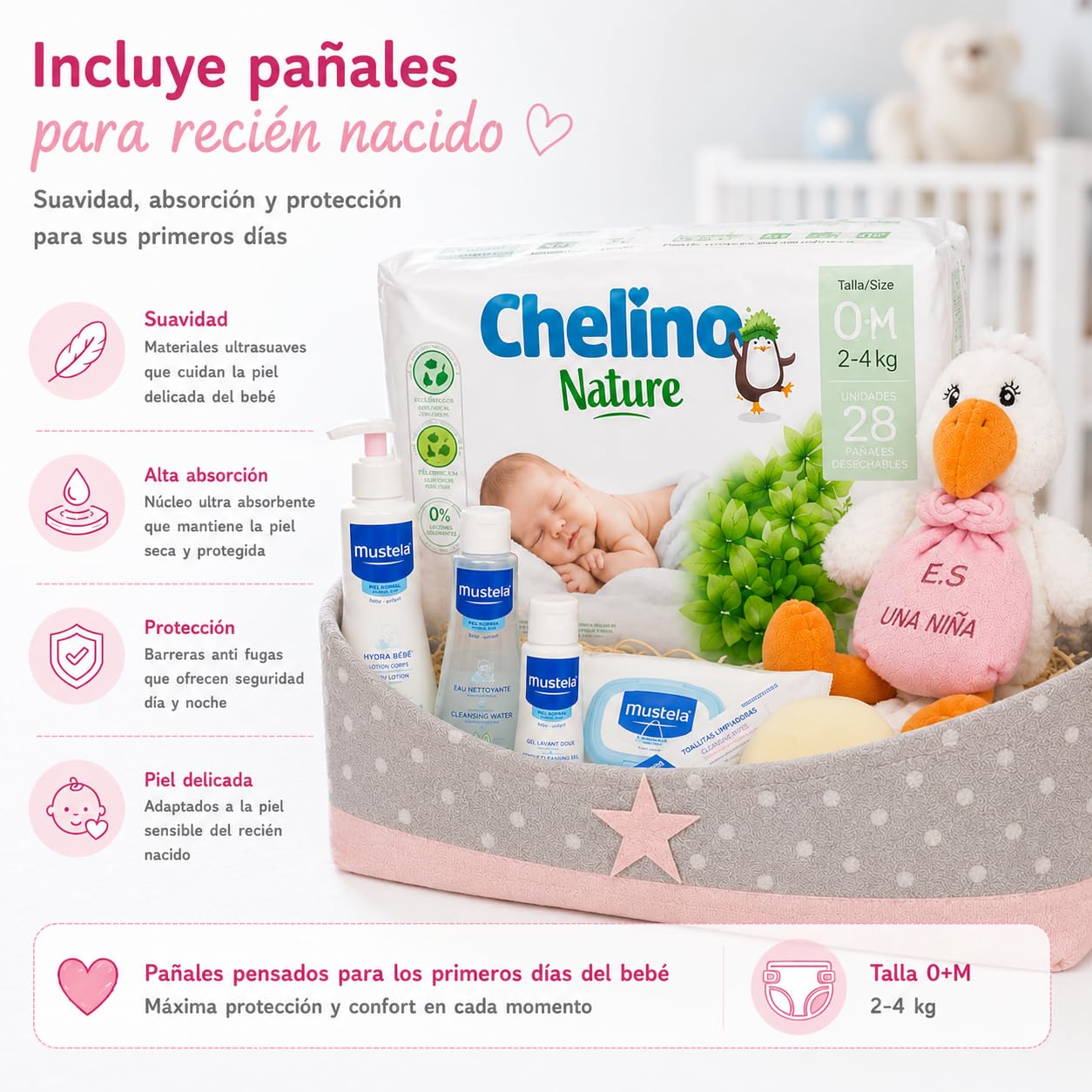 Cesto bambino Supreme (Rosa) regalo Con: scatola multiuso, peluche cicogna rosa, salviettine, gel, colonia, spugna, shampoo, spazzola e pettine, idratante, pannolini.