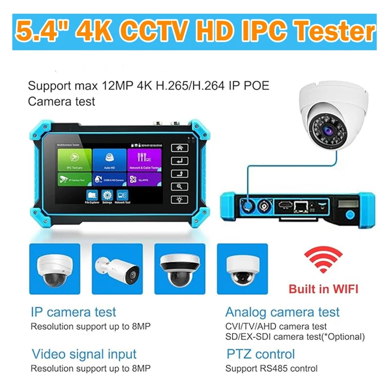 Tester CCTV, IPC-5200C Plus Tester kamery IP 5,4-calowy monitor z ekranem dotykowym IPS telewizji przemysłowej Obsługa AHD/CVI/TVI/SDI/CVBS/Tester(IPC-5100C Plus)
